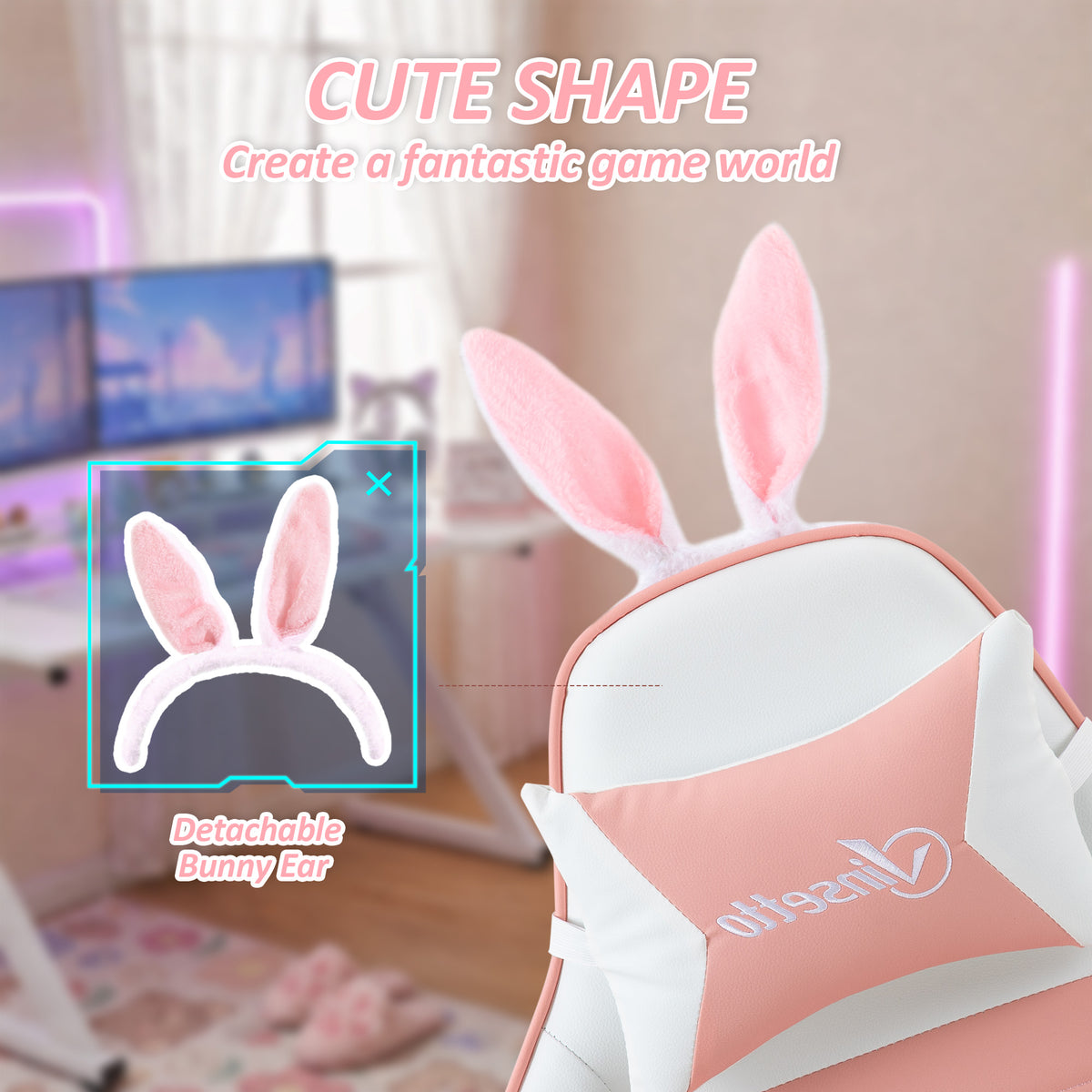 Cute Racing Gamer Chair, PU Leather Gaming Chair with Footrest, Headrest and Lumbar Support, Pink-Gaming Chairs-DECOROLALA