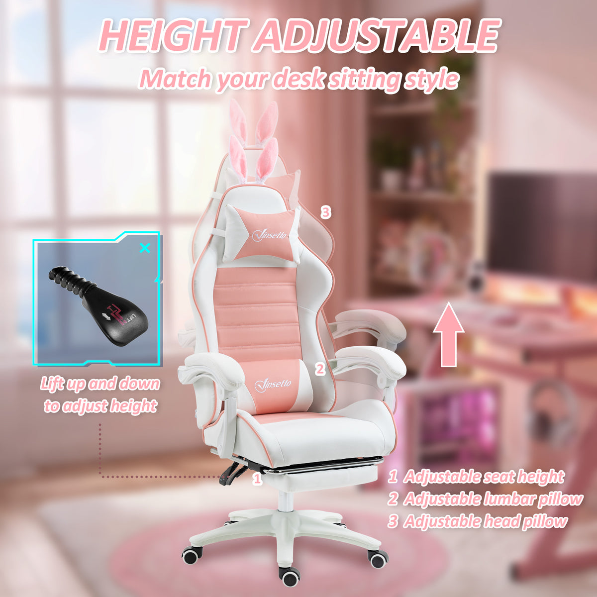 Cute Racing Gamer Chair, PU Leather Gaming Chair with Footrest, Headrest and Lumbar Support, Pink-Gaming Chairs-DECOROLALA