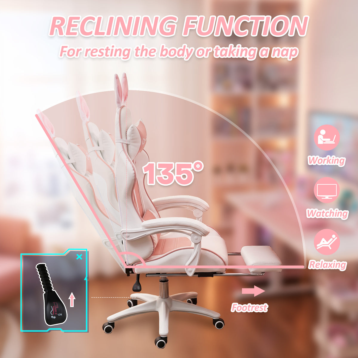 Cute Racing Gamer Chair, PU Leather Gaming Chair with Footrest, Headrest and Lumbar Support, Pink-Gaming Chairs-DECOROLALA