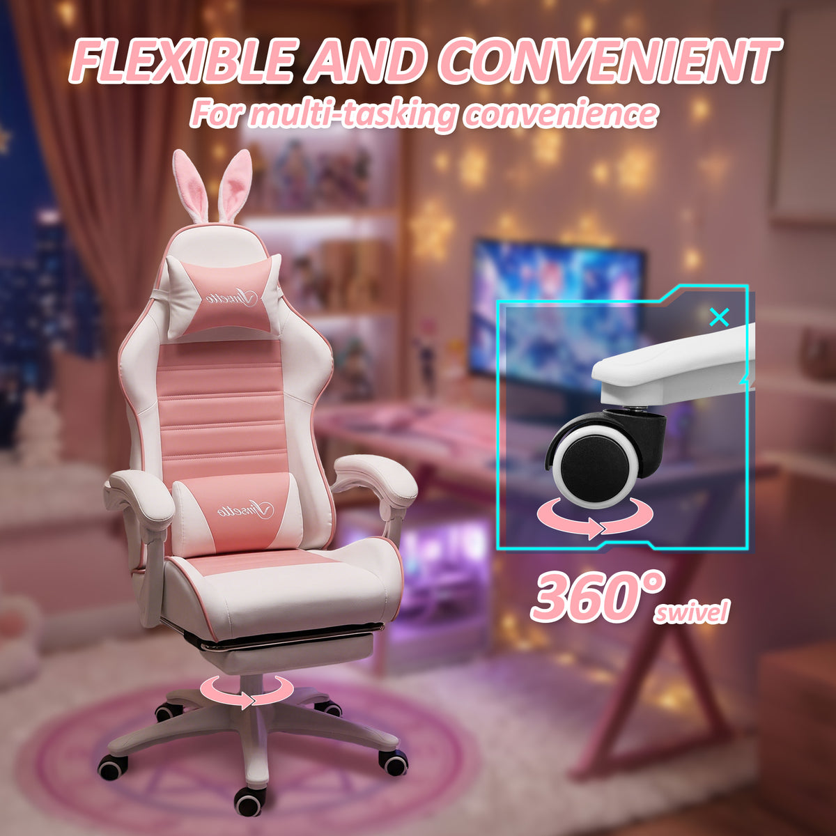 Cute Racing Gamer Chair, PU Leather Gaming Chair with Footrest, Headrest and Lumbar Support, Pink-Gaming Chairs-DECOROLALA
