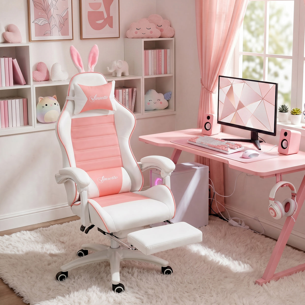 Cute Racing Gamer Chair, PU Leather Gaming Chair with Footrest, Headrest and Lumbar Support, Pink-Gaming Chairs-DECOROLALA