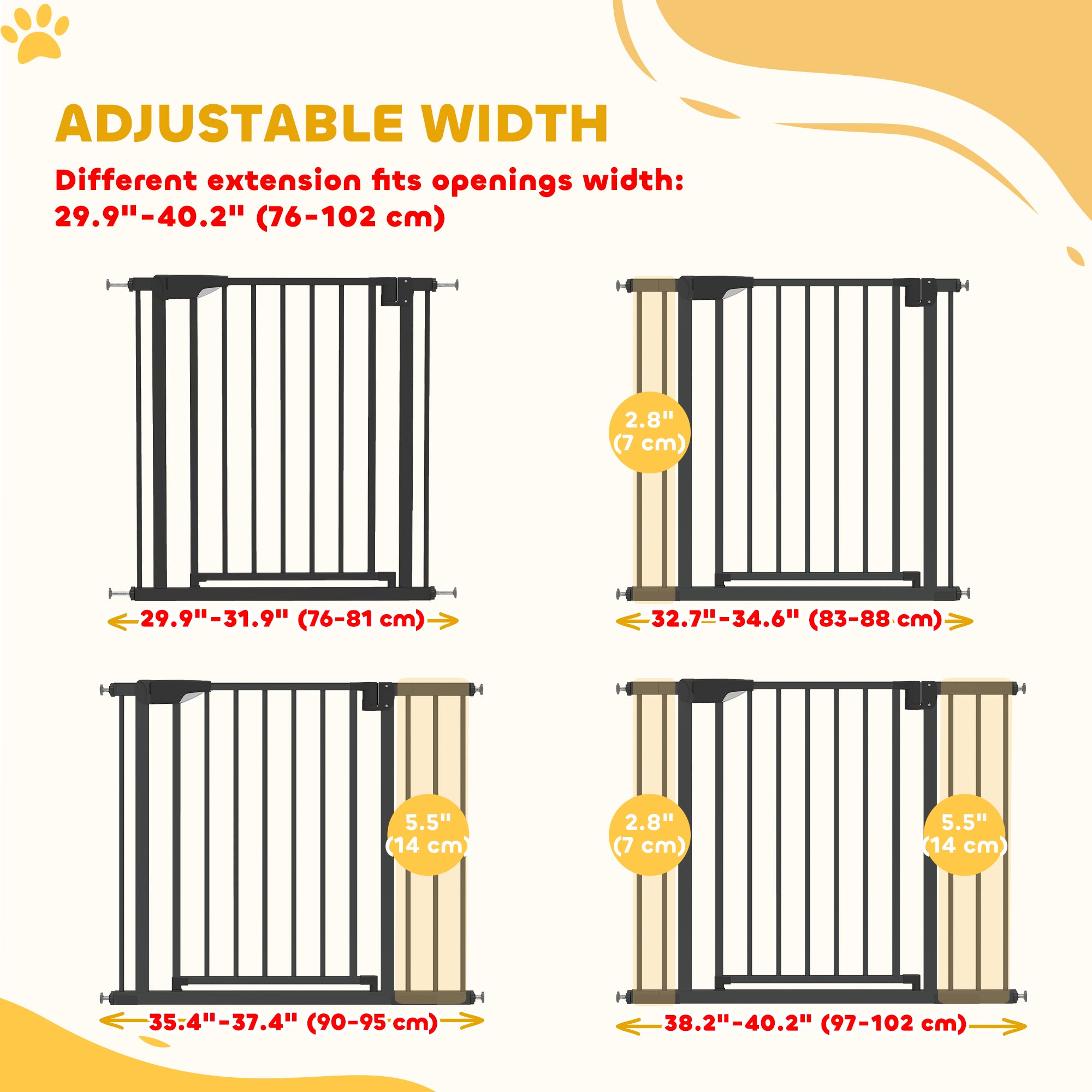 Baby Gate, Pet Safety Gate Pressure Fit, 30"-40" Wide with Two-Way Open, Auto-Close for Stair, Doorways, Hallways, Black