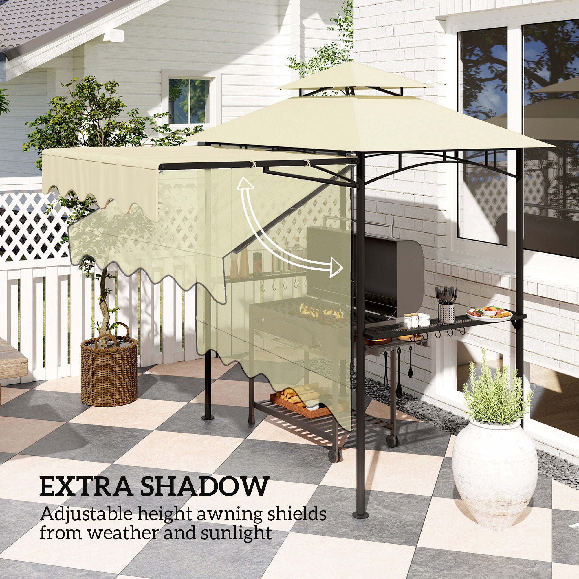 8' x 7.6' Grill Gazebo with Awning and Shelves - Beige