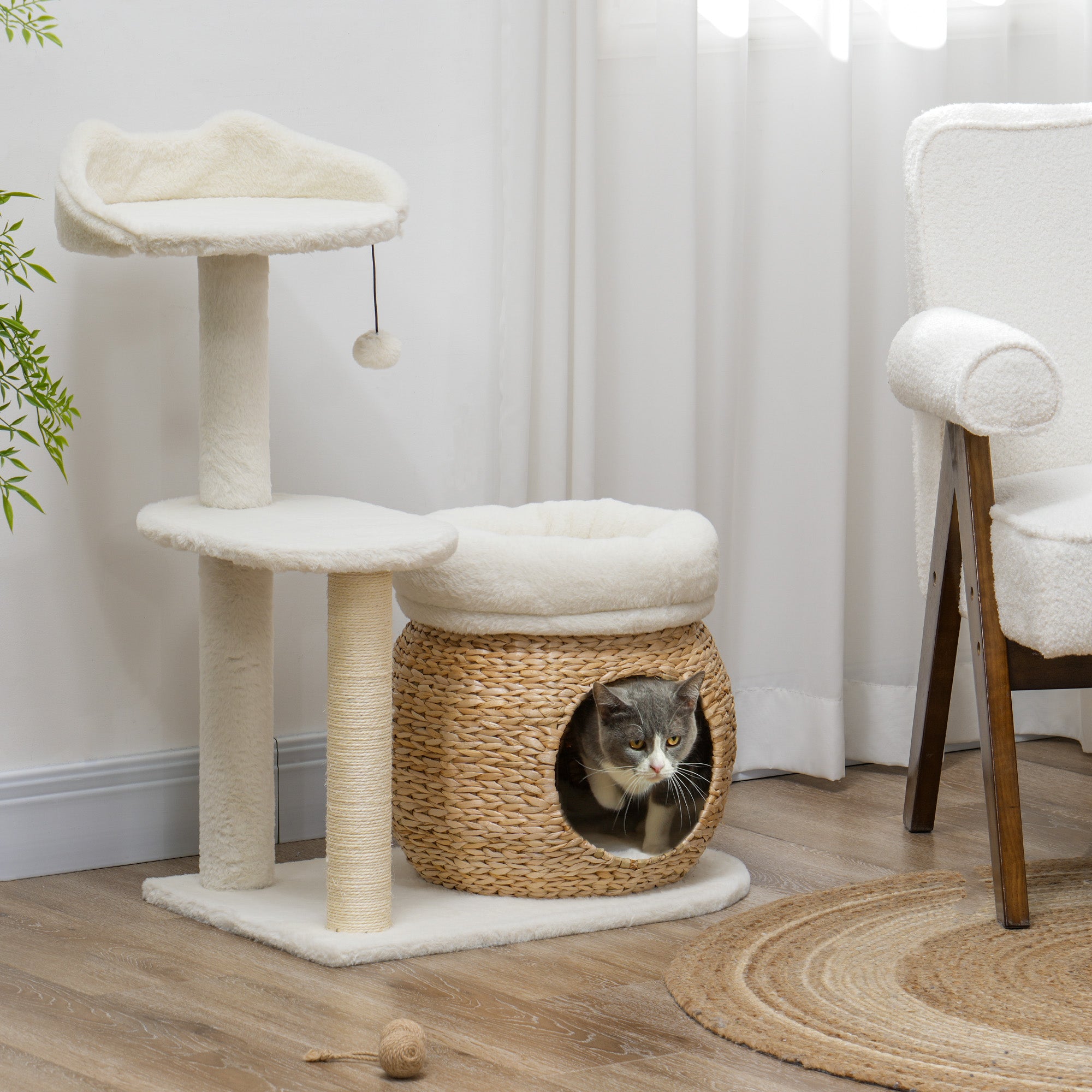 31" Cat Tree Tower with Scratching Posts, Cat Condo, Beds, Platform, Toy Ball, for Indoor Cats, Cream White