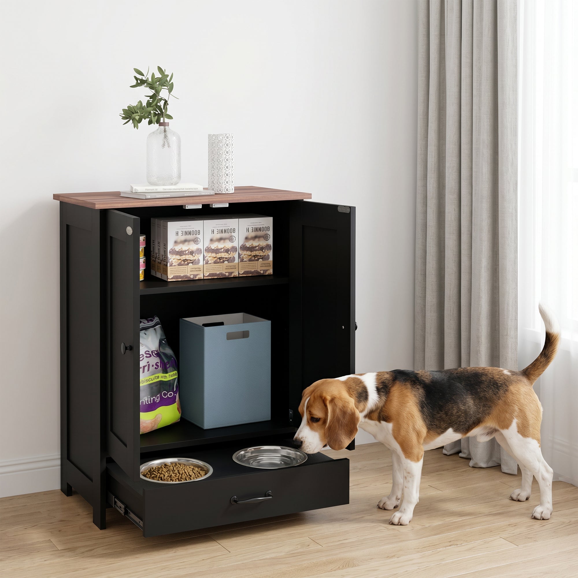 Conteneur de stockage pour aliments pour animaux, station d’alimentation pour chiens avec panneau réglable et crochets, pour chiens de taille moyenne, noir