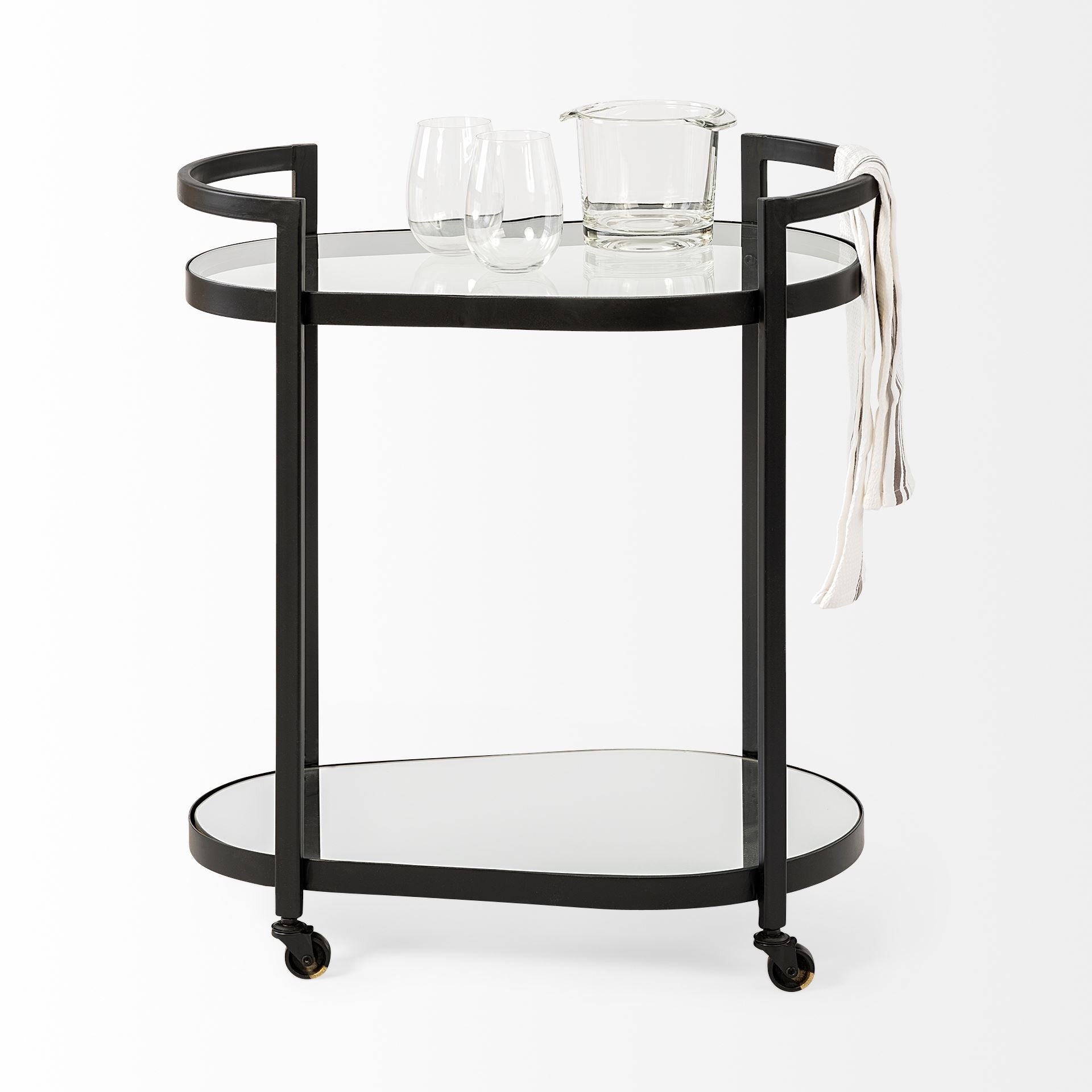 Cyclider Black Metal With Two Mirror Glass Shelves Bar Cart-Kitchen Carts-Islands-DECOROLALA