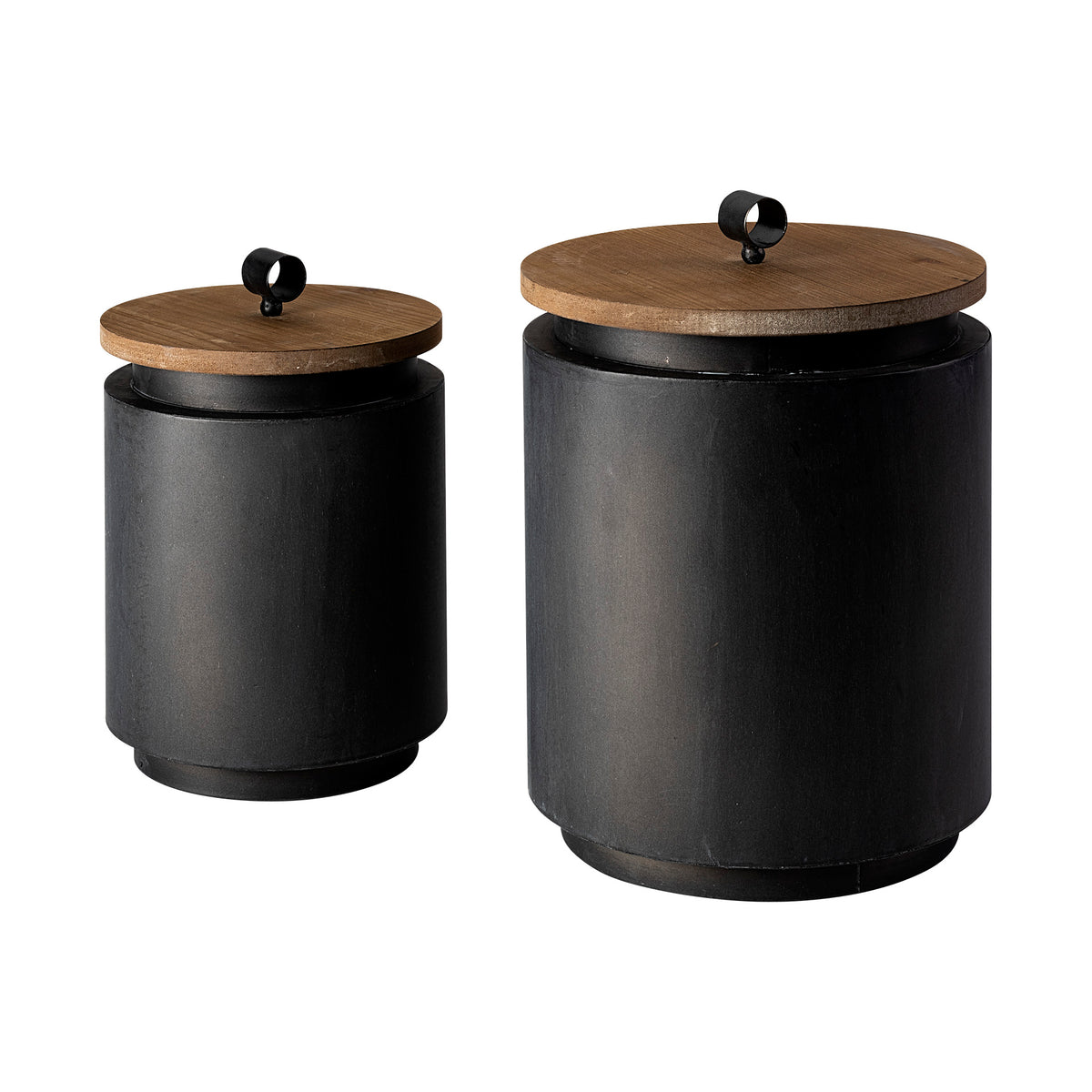 Cyril Gray Metal Jars with Brown Wood Lids - Set of 2-Decorative Jars & Urns-DECOROLALA