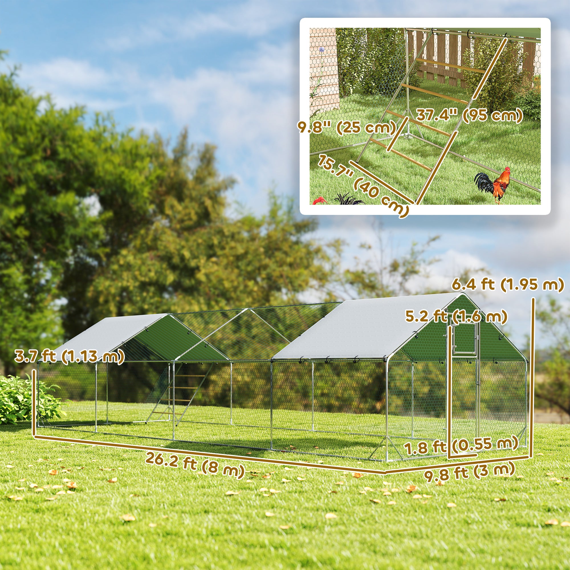 Grand parcours métallique pour poules avec couverture imperméable et résistante aux UV, porte d’alimentation, mangeoire suspendue et perchoir, pour 24 à 30 poules