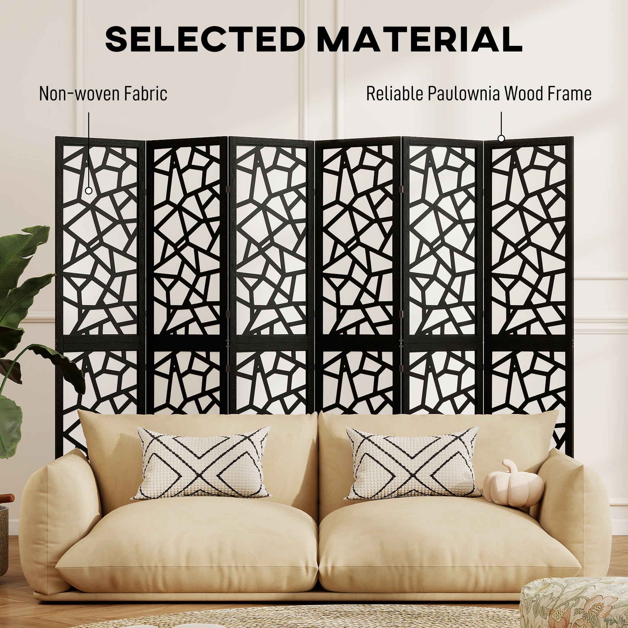 6 Panel Room Divider, 5.6 FT Lightweight Folding Privacy Screen with Geometric Pattern for Living Room, Bedroom, Black