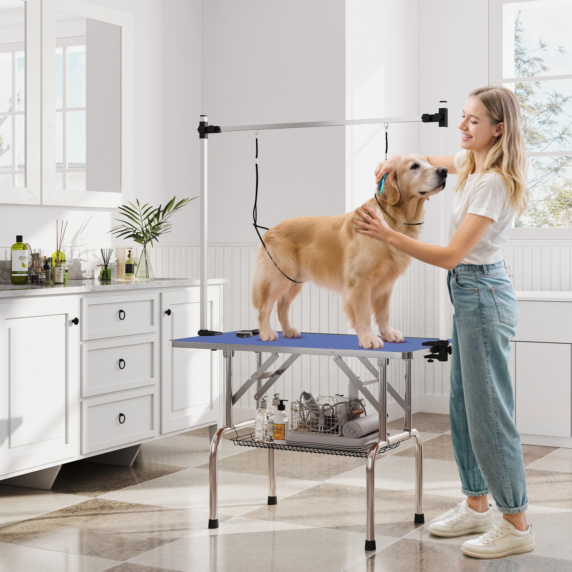 Adjustable Dog Grooming Table with 2 Safety Slings, Storage Basket, Blue