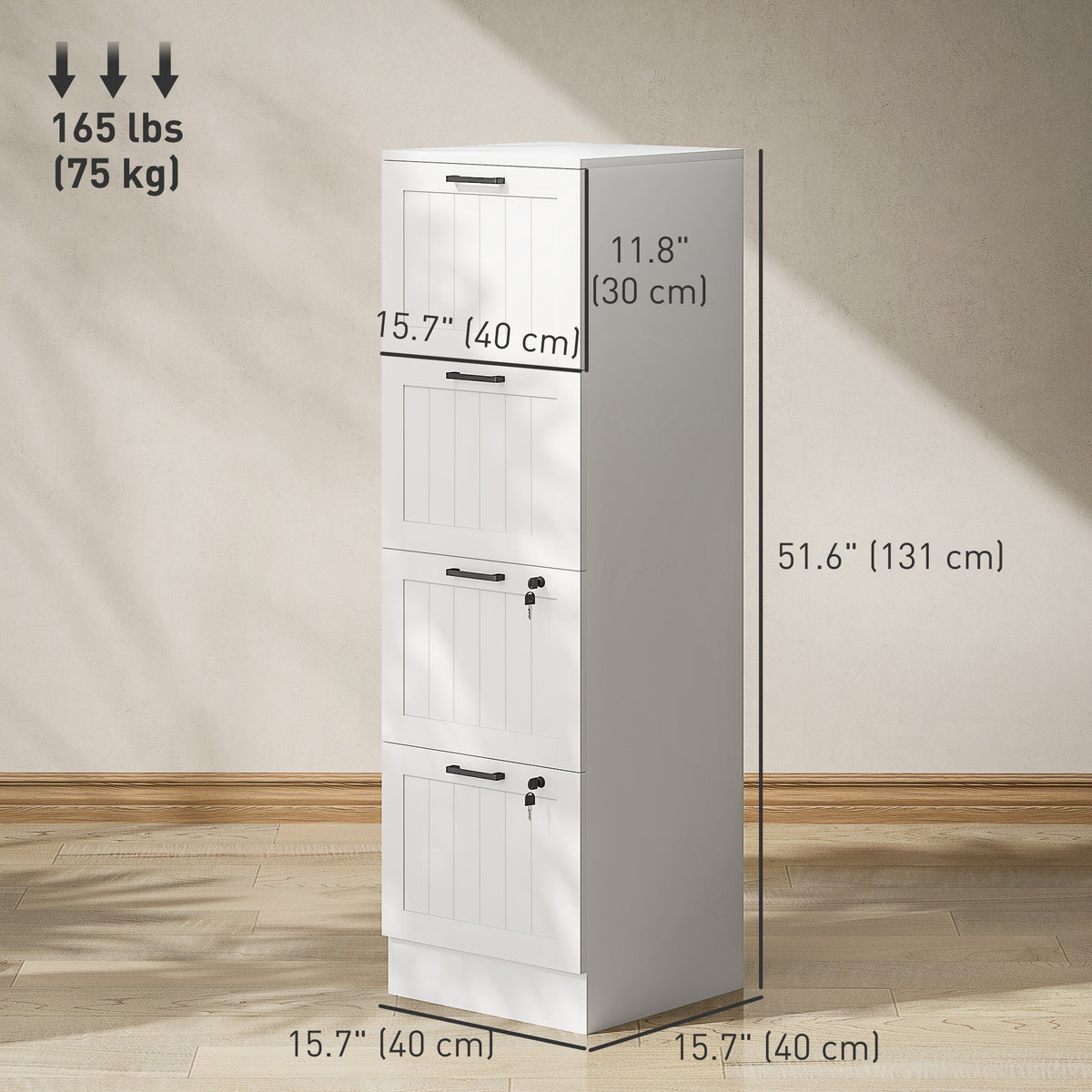 4-Drawer Locking Filing Cabinet - White MDF Office Storage