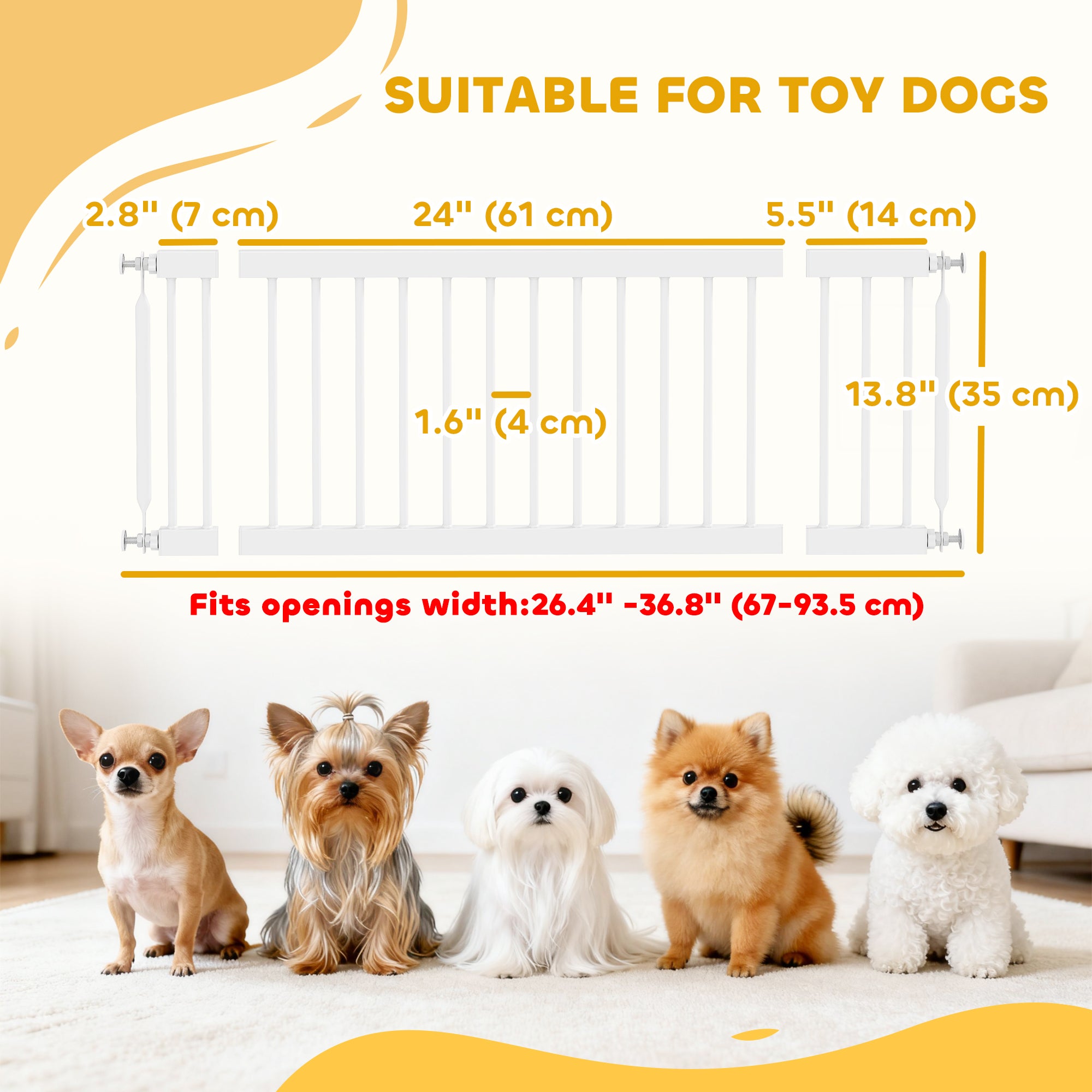 26"-37" Dog Gate, Adjustable Pet Gate, Fits 14" Tall with 2 Extension, Pressure Mount Kit for Stairs and Doorways, White