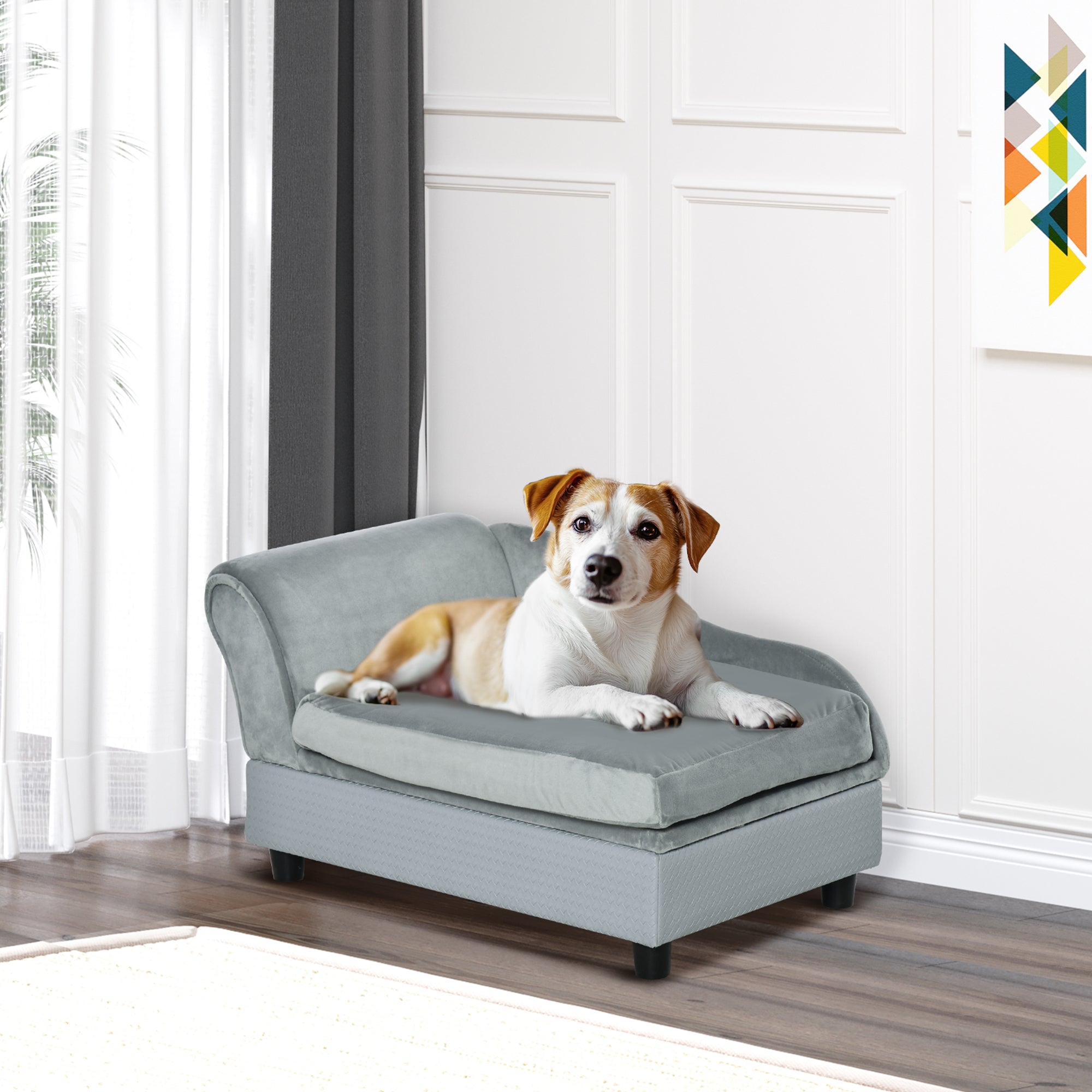 Canapé pour animaux, sofa pour chien, chaise longue et couchage pour animaux avec espace de rangement, petit format, pour chiens de différentes tailles et chats, coussin en éponge, gris clair