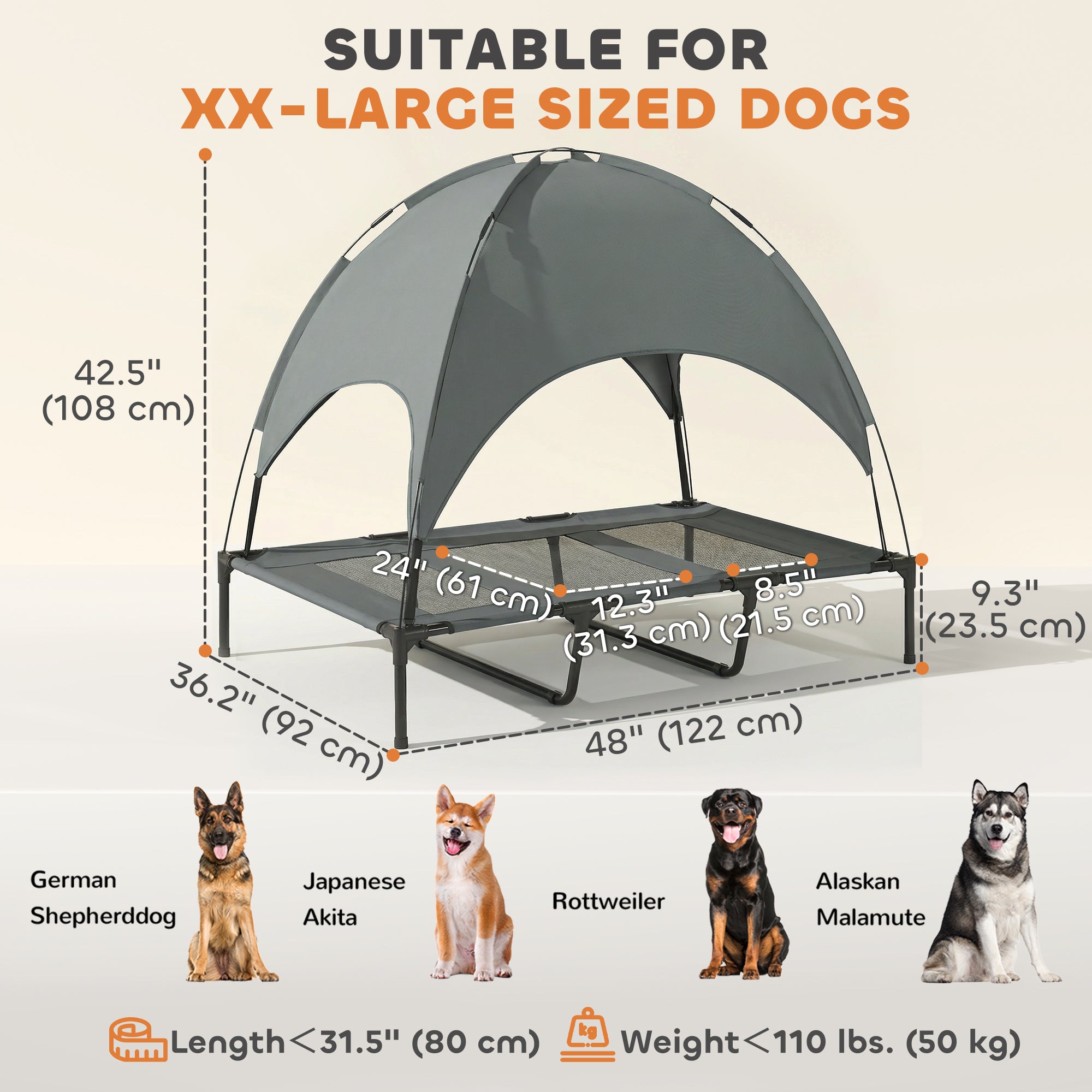 Elevated Dog Bed with Canopy, Portable Raised Dog Cot for XL Sized Dogs, Indoor & Outdoor, 48" x 36" x 43", Grey