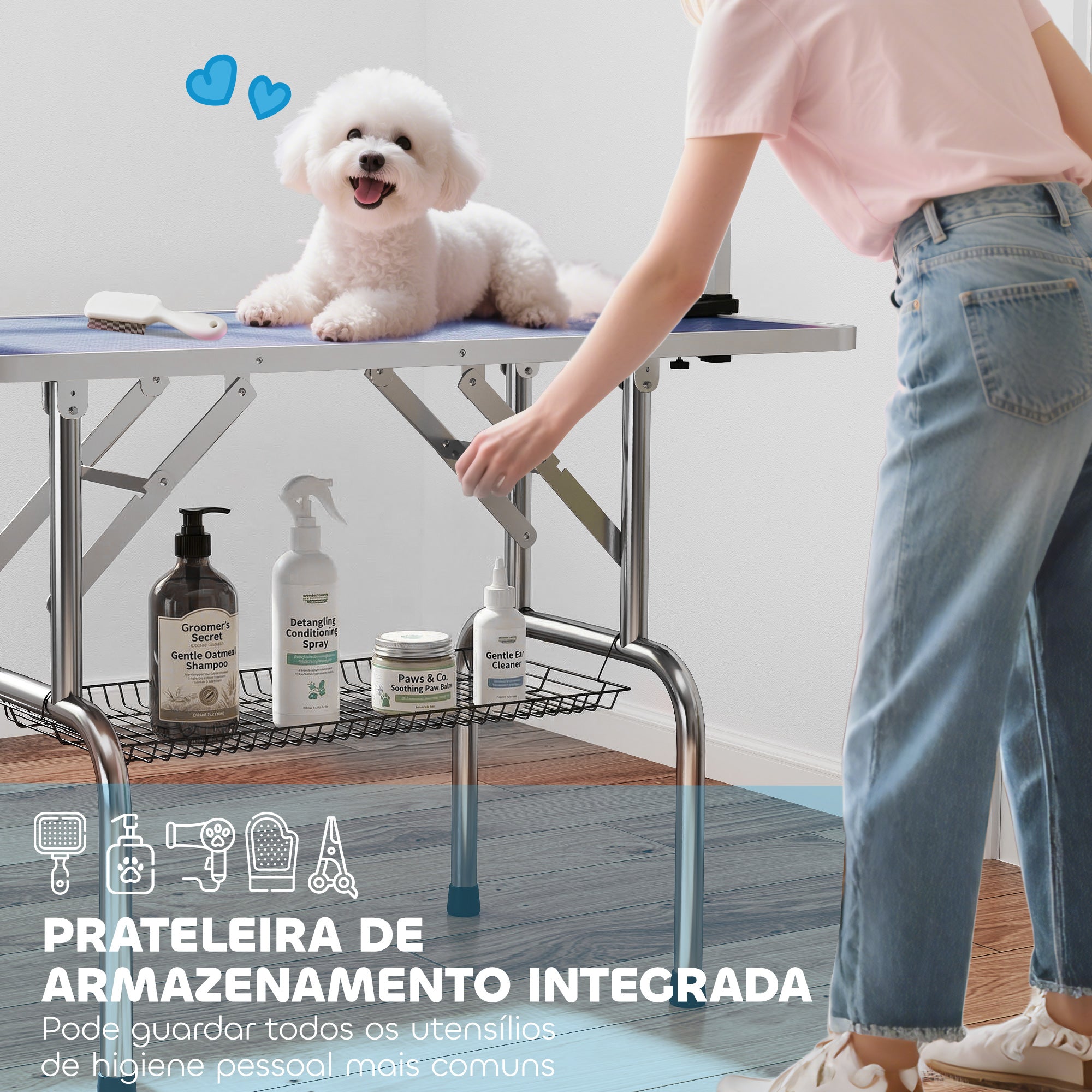 Adjustable Dog Grooming Table with 2 Safety Slings, Storage Basket, Blue