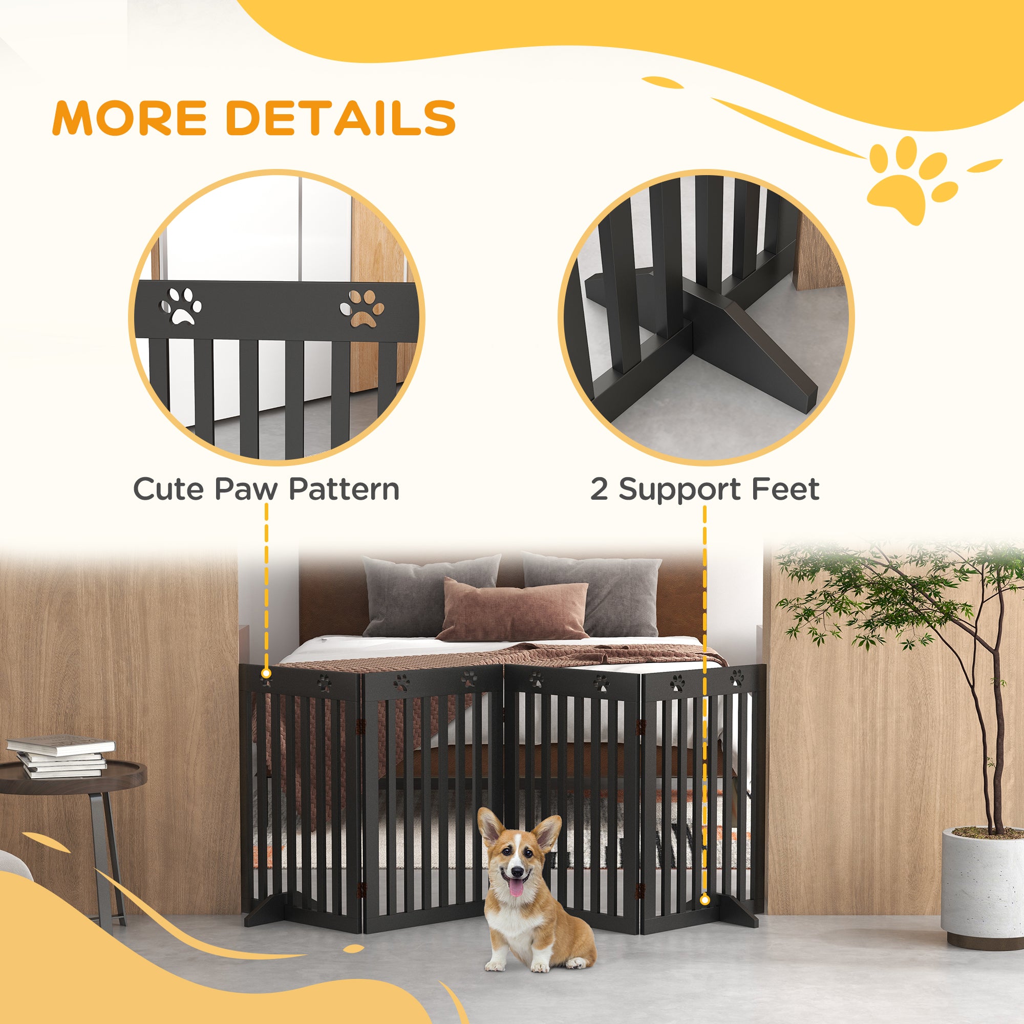 80" Extra Wide Freestanding Pet Gate with Support Feet, Black