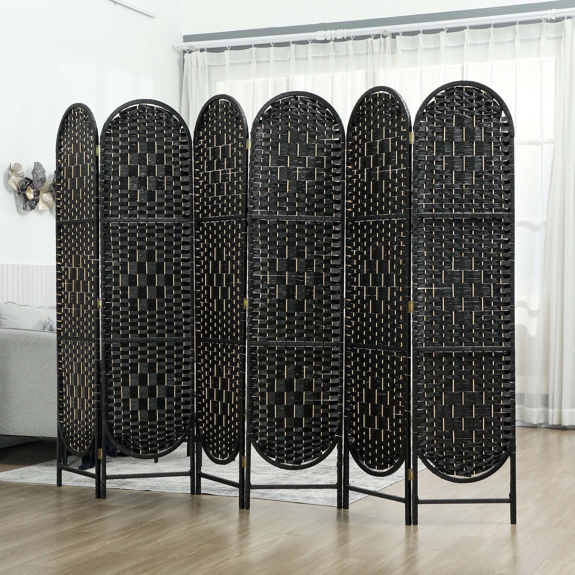 Bohemian Privacy Screen, Folding Room Divider with 6 Panels and Arched Top for Bedroom Living Room Office, Black
