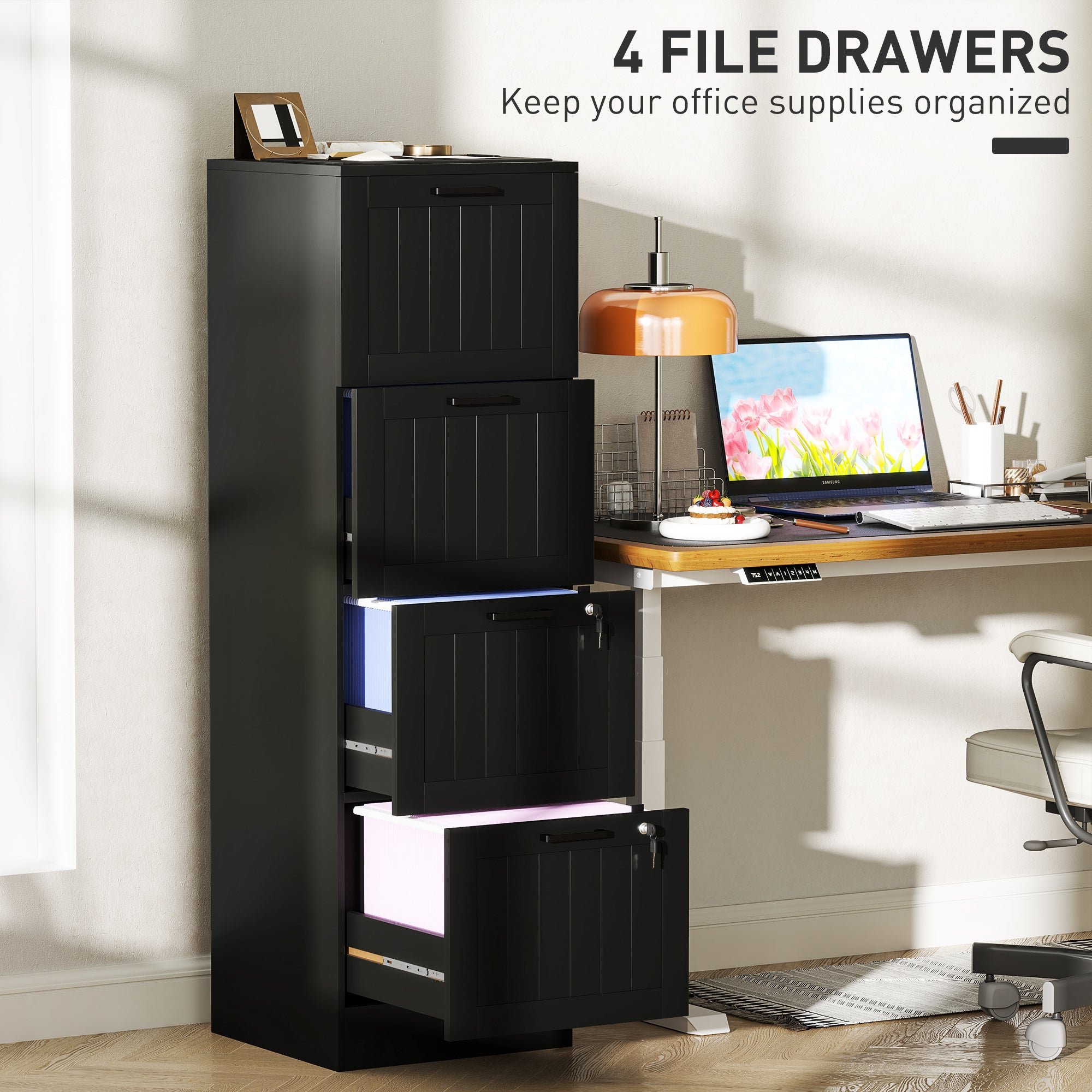 4-Drawer Locking Filing Cabinet - Black MDF 52" H