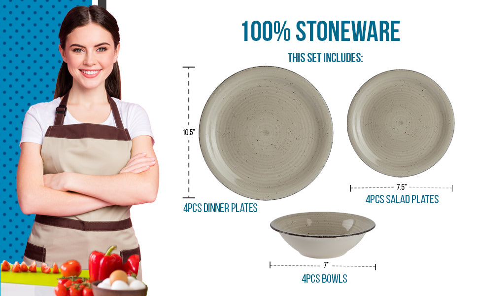 DINNERSET 12PC Speckle Rim Stoneware Madrid - Bone-Dinnerware-DECOROLALA