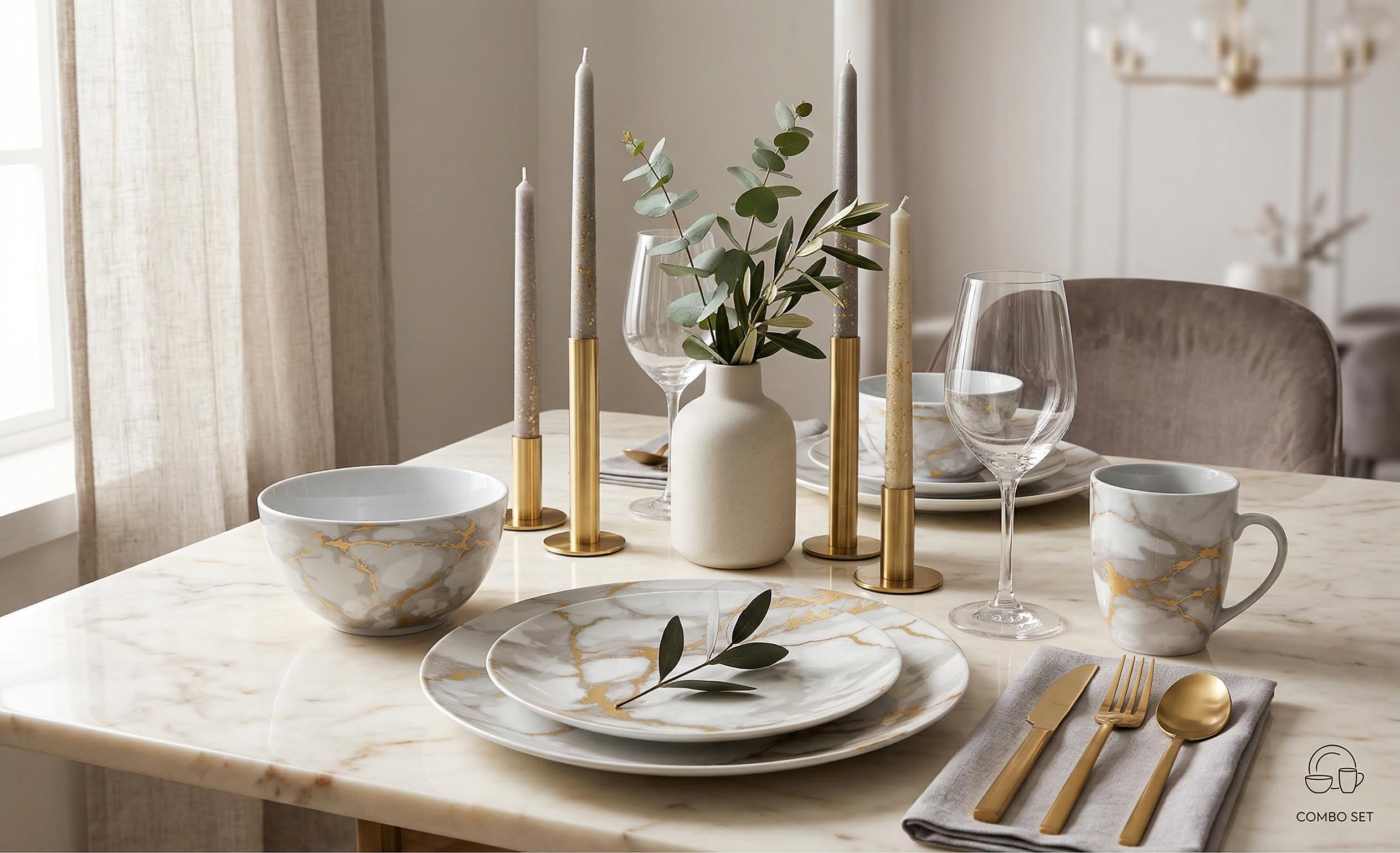 DINNERSET 16PC COUPE PORCELAIN GOLD MARBLE 100% PORCELAIN-Dinnerware-DECOROLALA