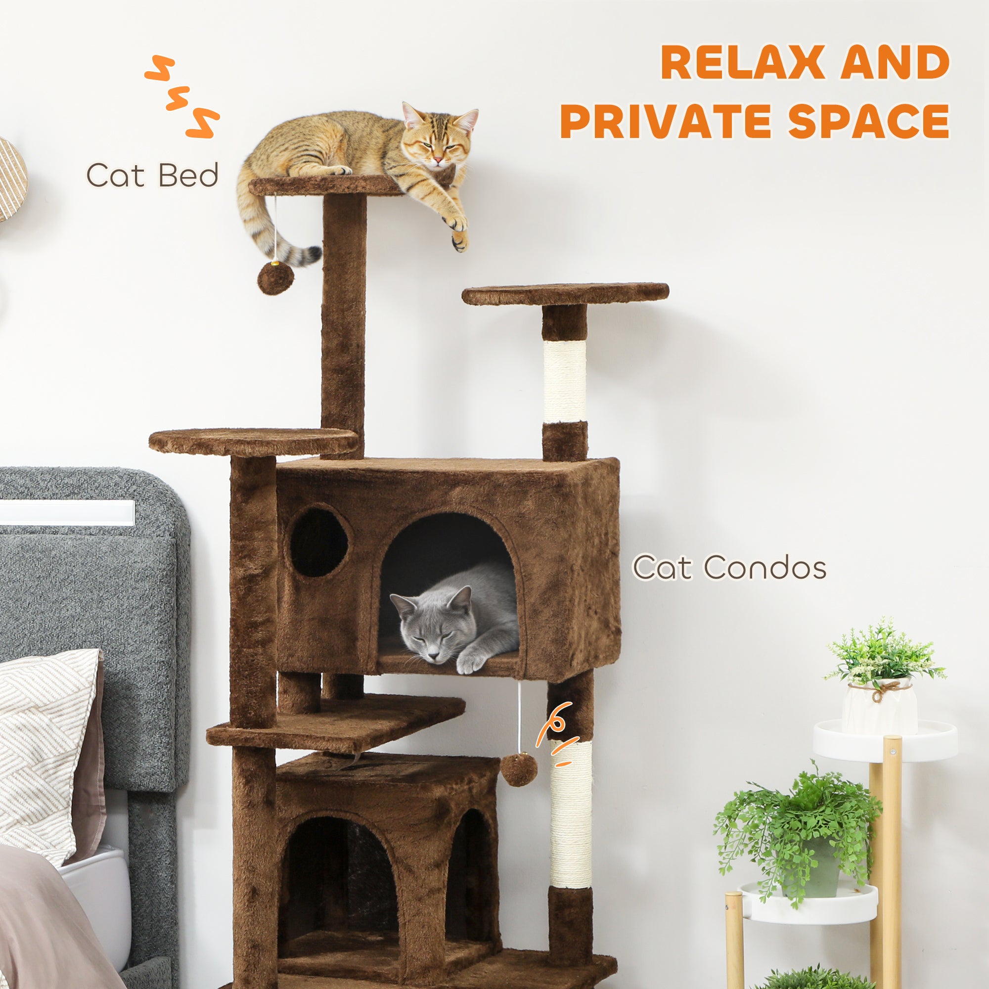 63" Cat Tree, Multi-Level Cat Tower with Scratching Posts, Cat Condos, Bed, Platforms, Ramp, Toy Ball, Light Brown