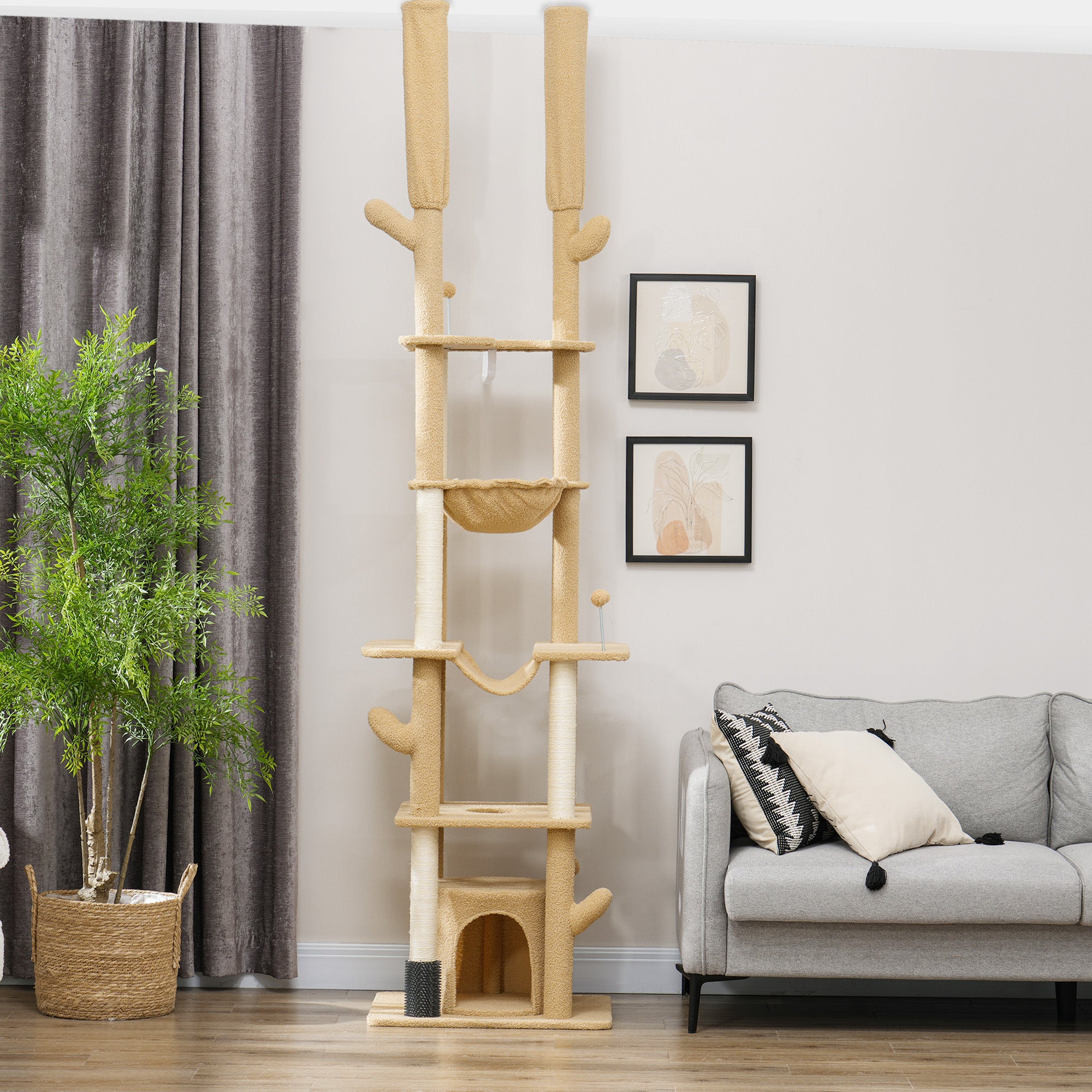 89"-100" Floor to Ceiling Cat Tree Cat Tower for Large Cats w/ Scratching Posts, Grooming Brush Post, Cat Condo, Brown