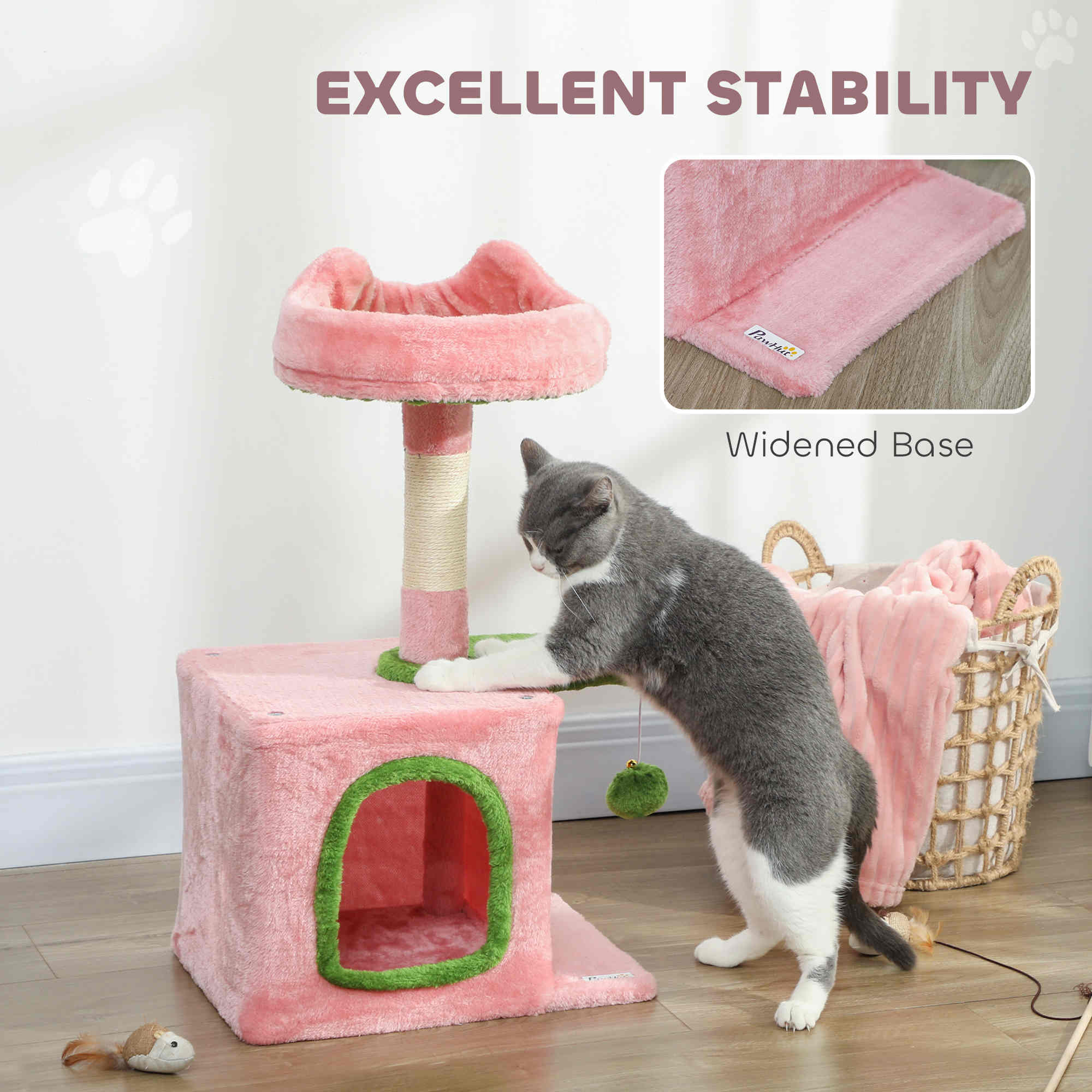 28" Cat Tree Tower with Plush Top Bed, Cozy Condo, Sisal Scratching Post, Perch, Dangling Ball, Pink & Green