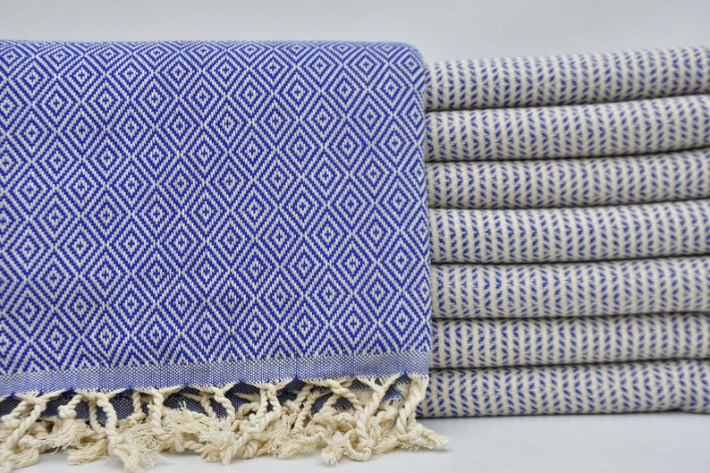 DOTTY DIAMOND BLUE TURKISH TOWEL-Bath Towels-DECOROLALA