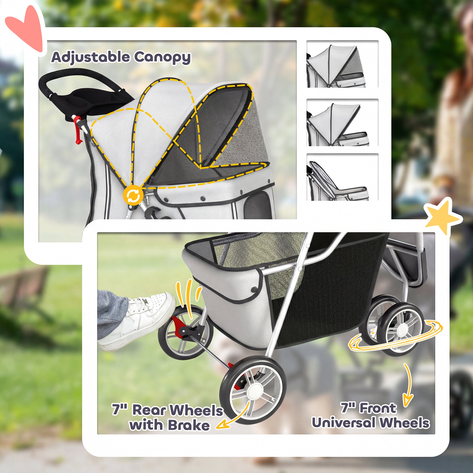 3 Wheels Foldable Dog Stroller with Storage Basket, Adjustable Canopy, Cupholder for Miniature and Small Dogs, Grey