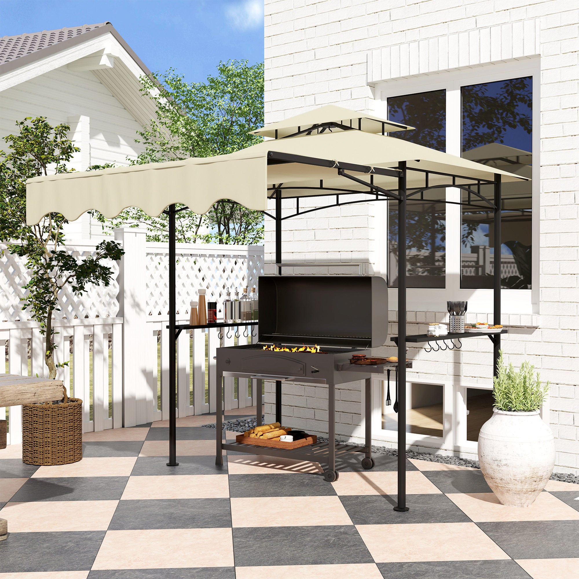 8' x 7.6' Grill Gazebo with Awning and Shelves - Beige