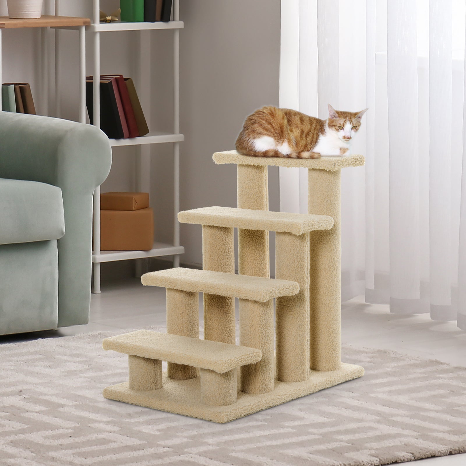 Escalier pour animaux à 4 marches de 23.5", meuble avec griffoir pour chiens et chats, blanc crème