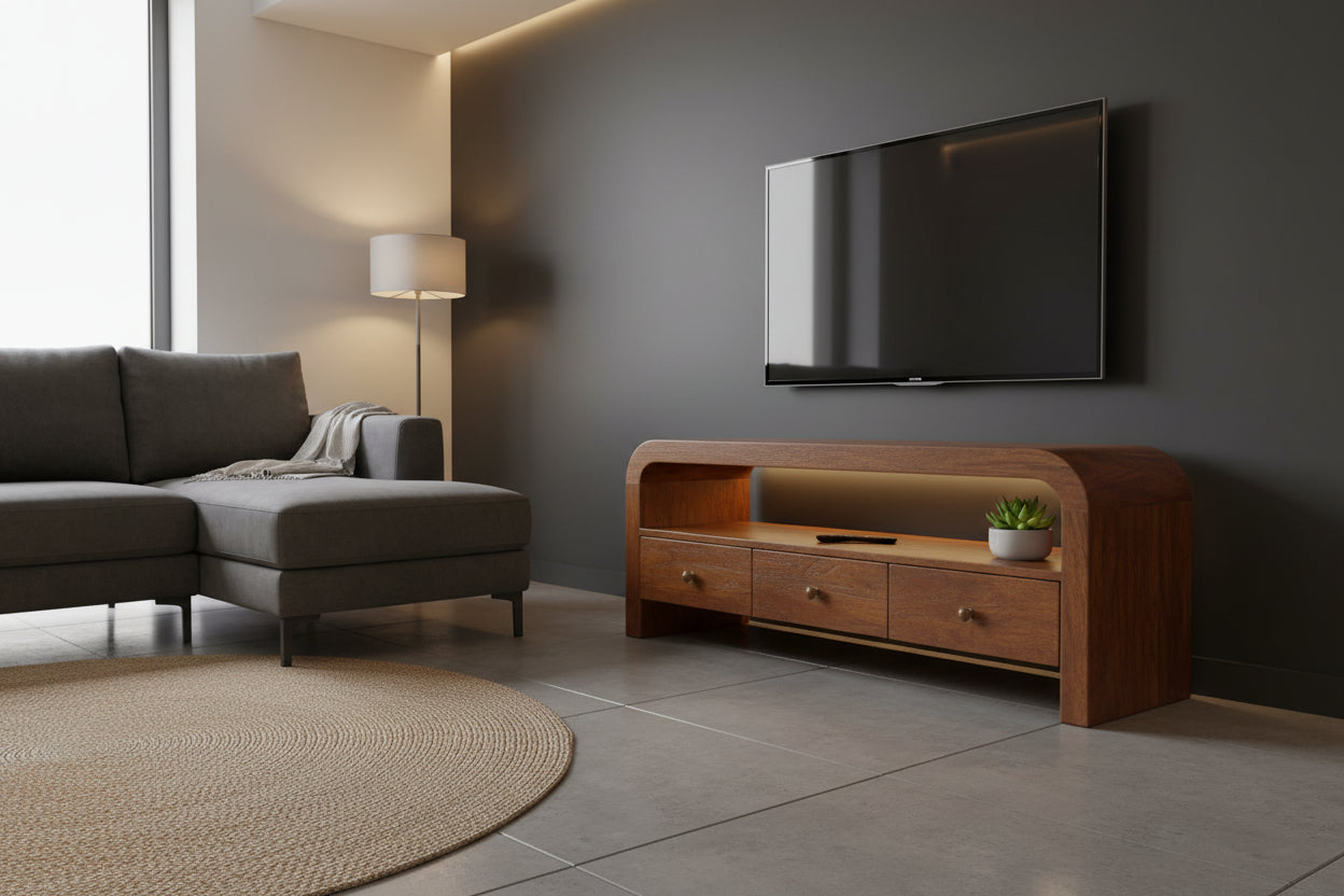 Darcy Media Unit - Solid Mango Wood Chestnut 3 Drawer Open Shelf-Media unit-DECOROLALA