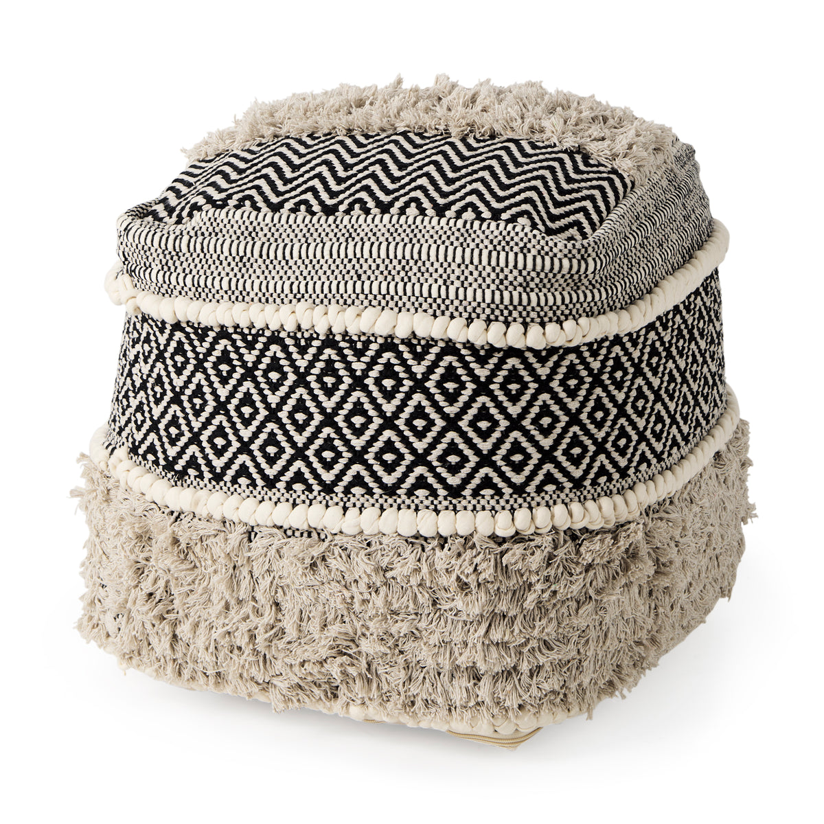 Darika 16.0L x 16.0W x 16.0H Black/White/Gray Cotton Pouf-Poufs-DECOROLALA
