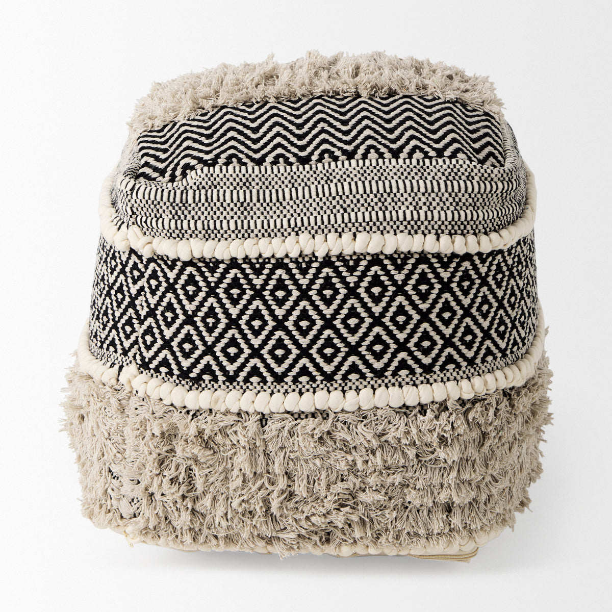 Darika 16.0L x 16.0W x 16.0H Black/White/Gray Cotton Pouf-Poufs-DECOROLALA