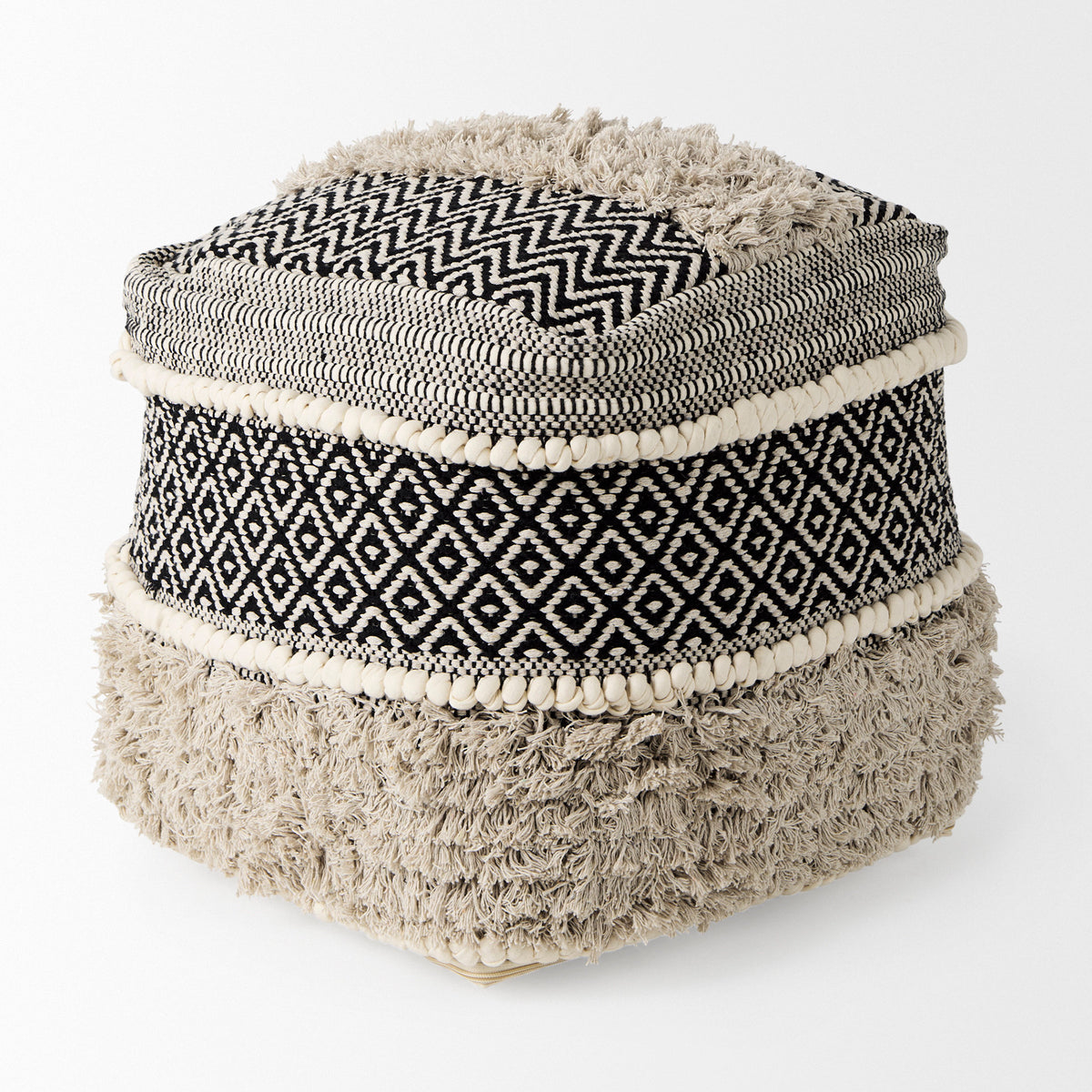 Darika 16.0L x 16.0W x 16.0H Black/White/Gray Cotton Pouf-Poufs-DECOROLALA