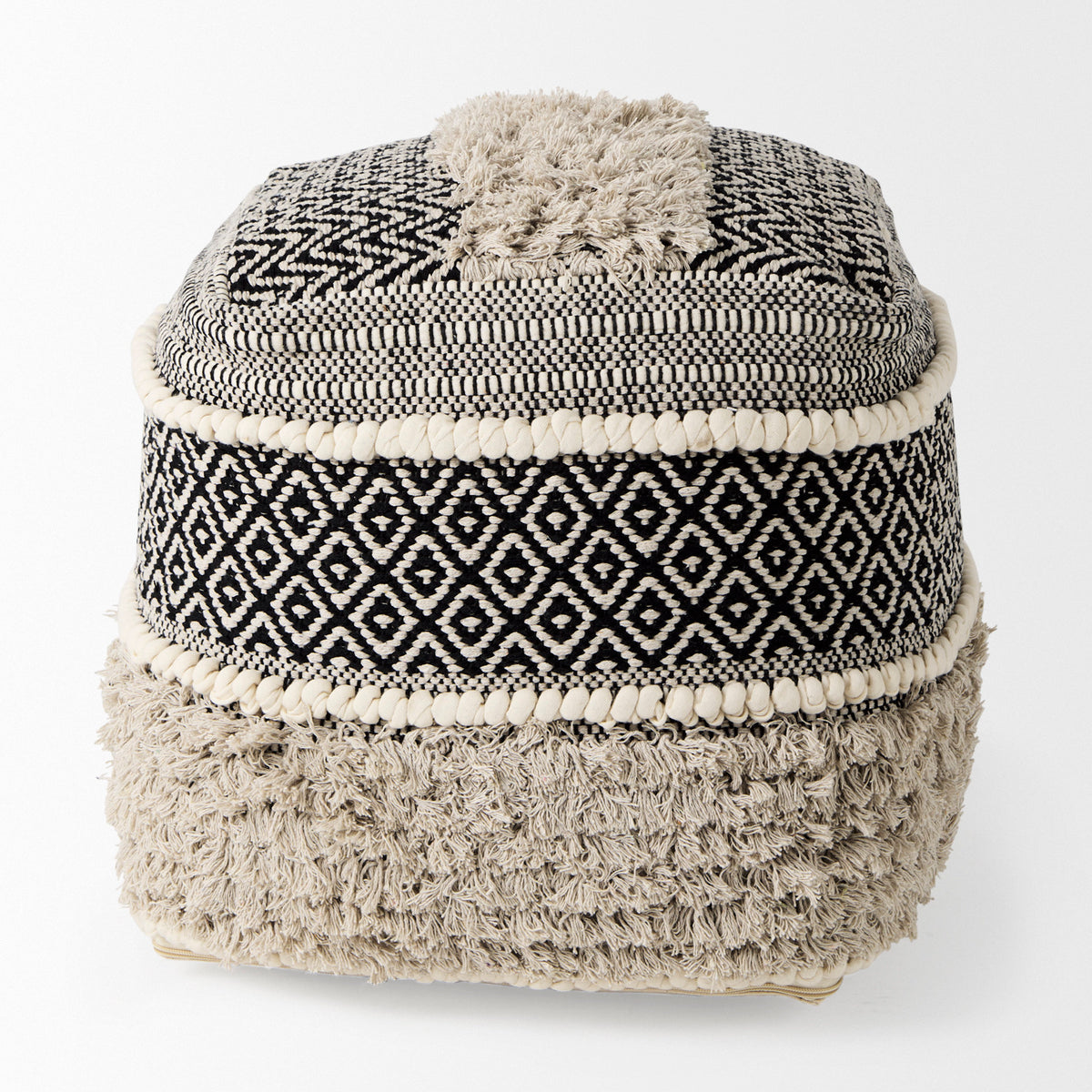 Darika 16.0L x 16.0W x 16.0H Black/White/Gray Cotton Pouf-Poufs-DECOROLALA