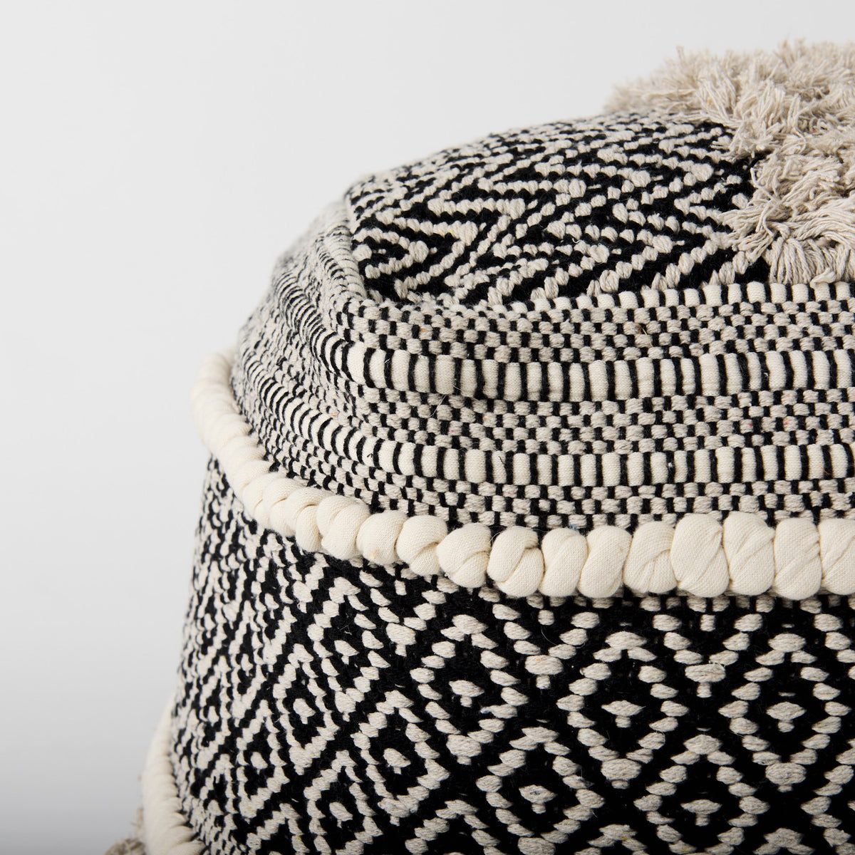 Darika 16.0L x 16.0W x 16.0H Black/White/Gray Cotton Pouf-Poufs-DECOROLALA
