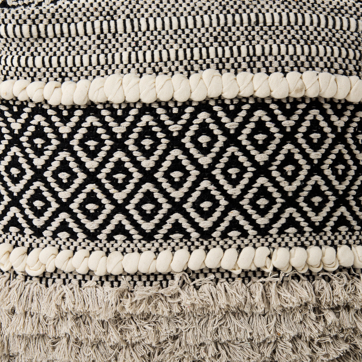 Darika 16.0L x 16.0W x 16.0H Black/White/Gray Cotton Pouf-Poufs-DECOROLALA