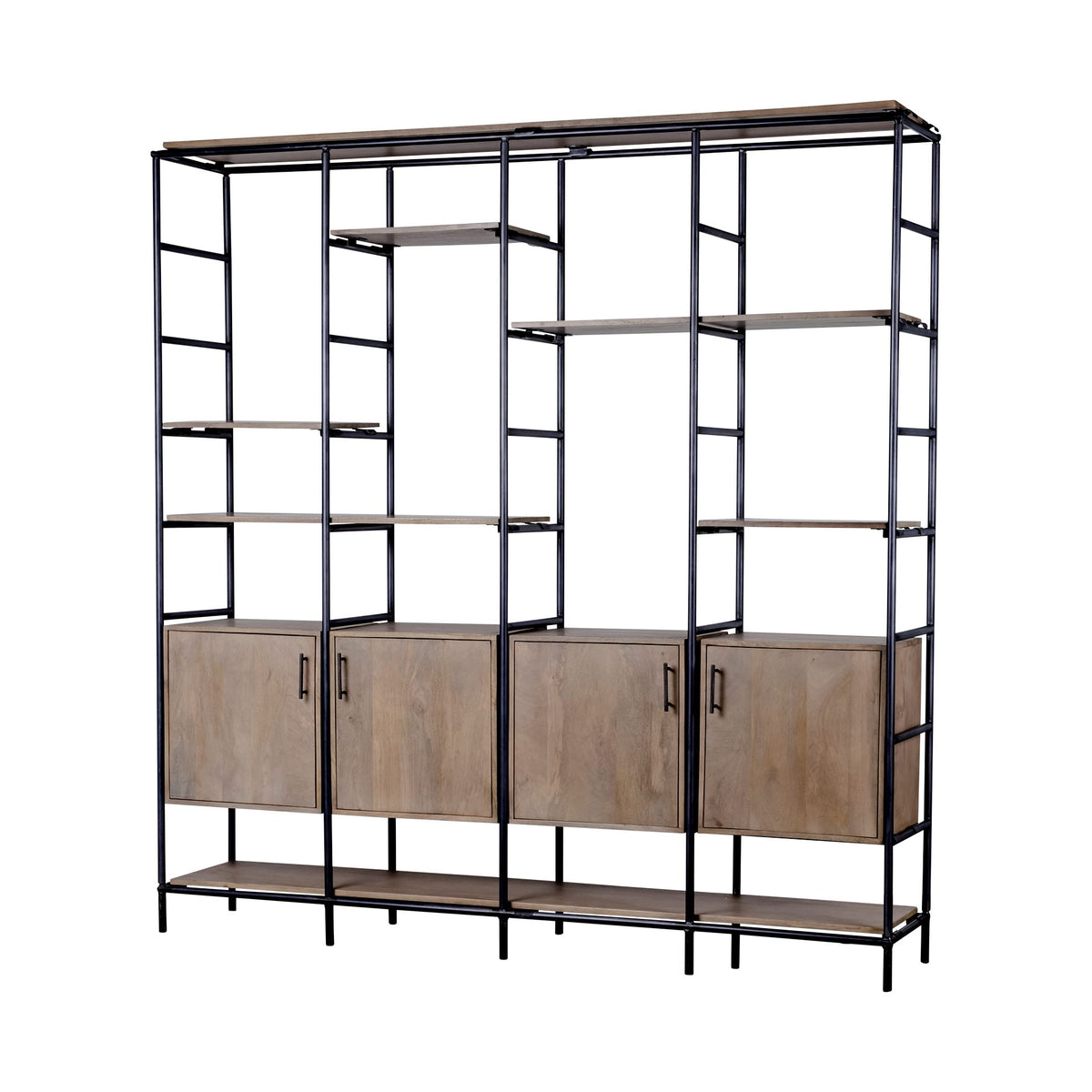 Darius 82L x 16.5W x 90H Medium Brown Wood and Metal Multi-Shelf Shelving Unit-Shelving-DECOROLALA