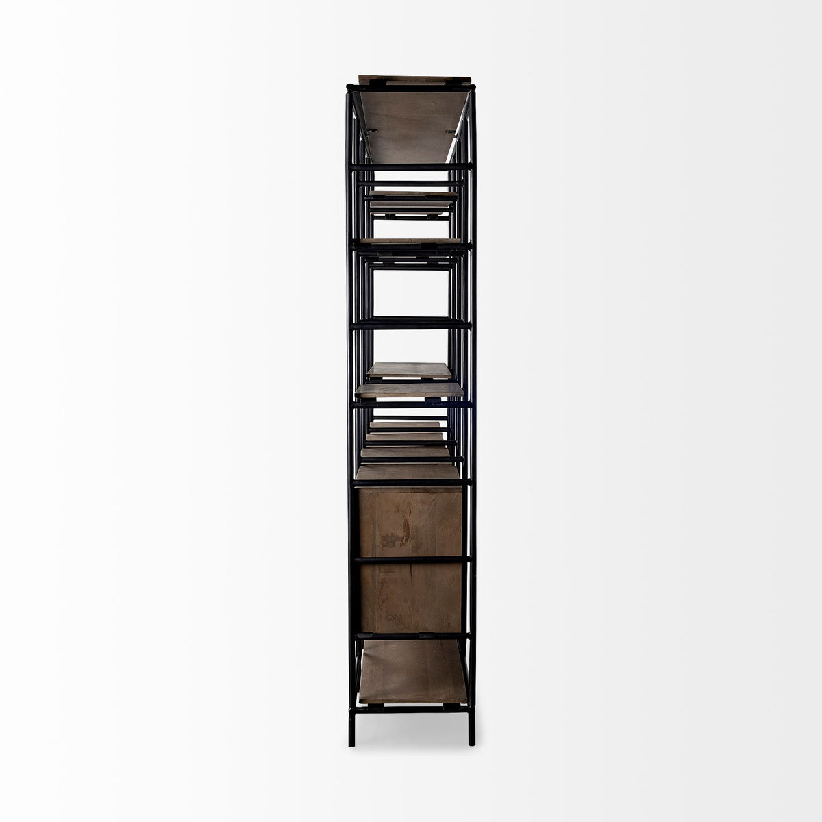 Darius 82L x 16.5W x 90H Medium Brown Wood and Metal Multi-Shelf Shelving Unit-Shelving-DECOROLALA