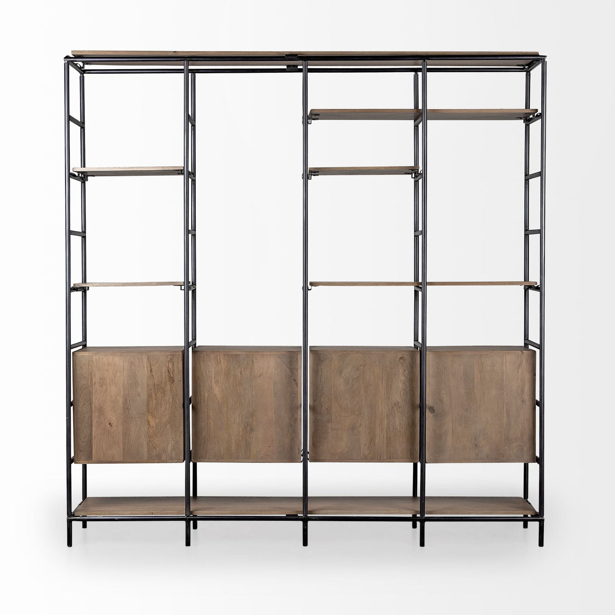 Darius 82L x 16.5W x 90H Medium Brown Wood and Metal Multi-Shelf Shelving Unit-Shelving-DECOROLALA