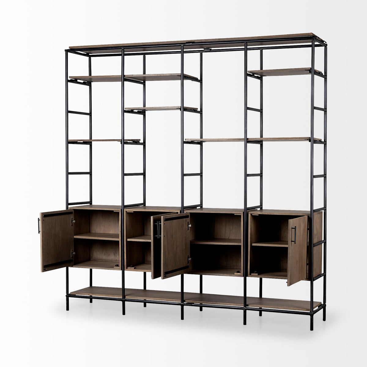 Darius 82L x 16.5W x 90H Medium Brown Wood and Metal Multi-Shelf Shelving Unit-Shelving-DECOROLALA