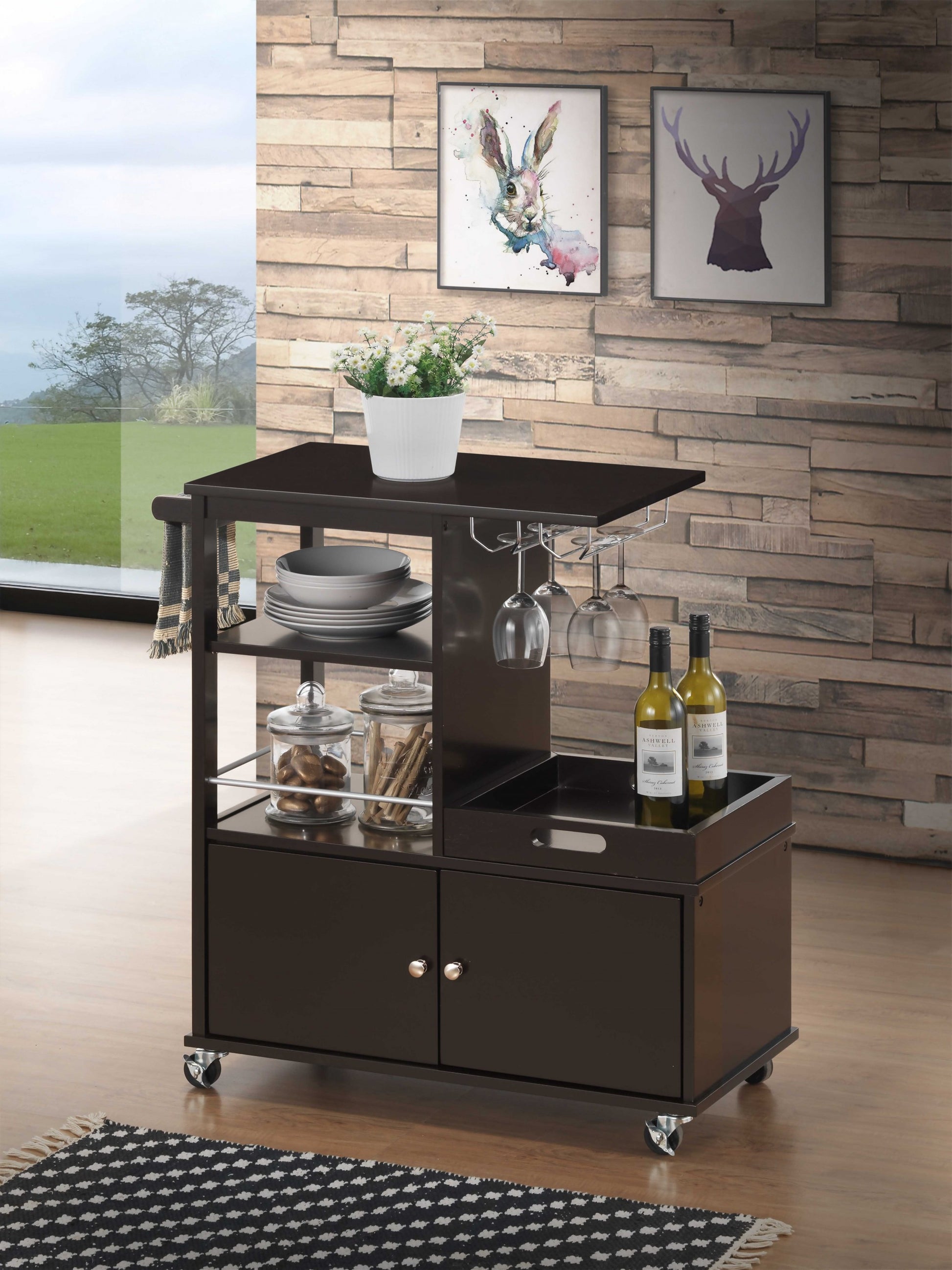 Dark Brown 34" Rolling Kitchen Cart With Storage-Kitchen Carts-Islands-DECOROLALA