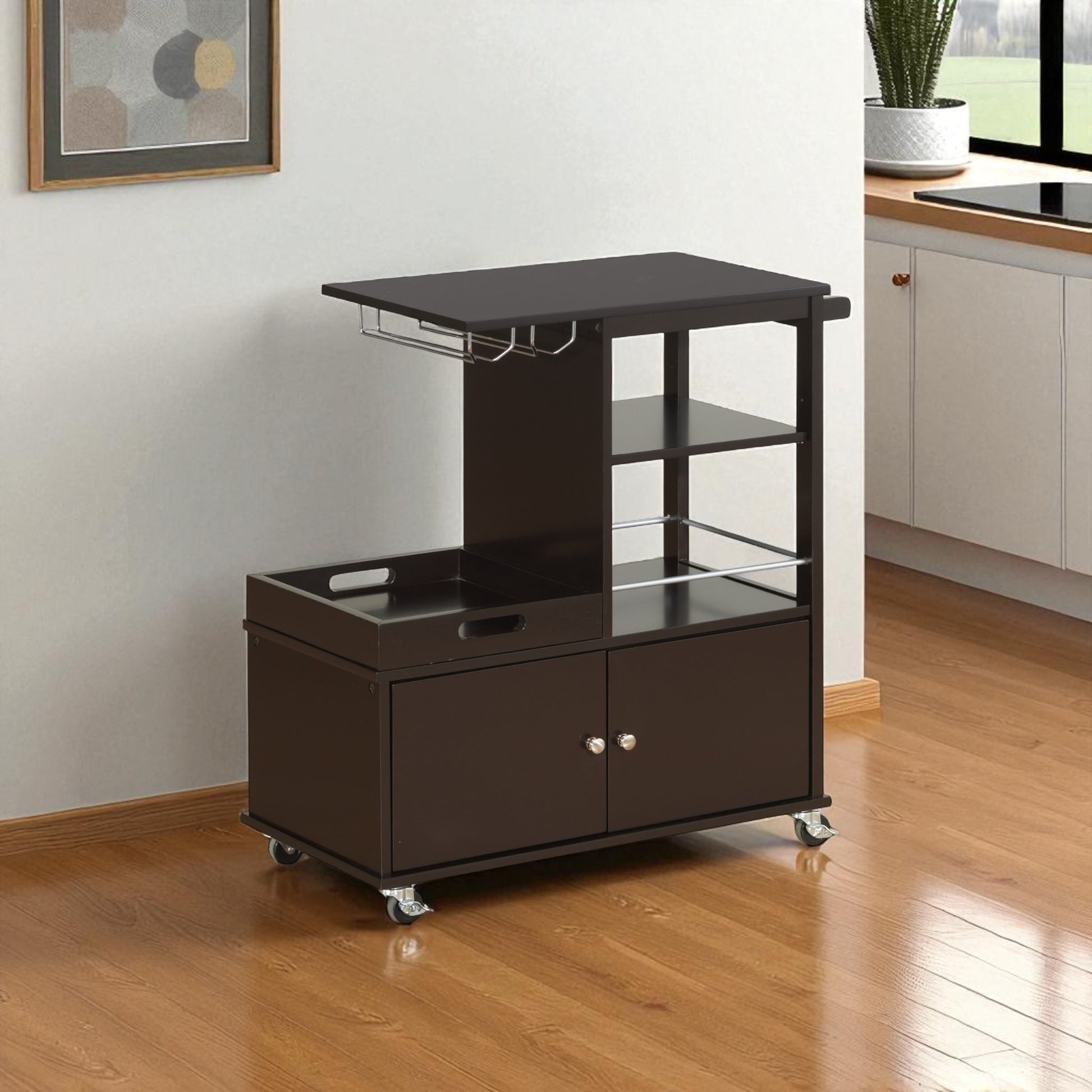 Dark Brown 34" Rolling Kitchen Cart With Storage-Kitchen Carts-Islands-DECOROLALA