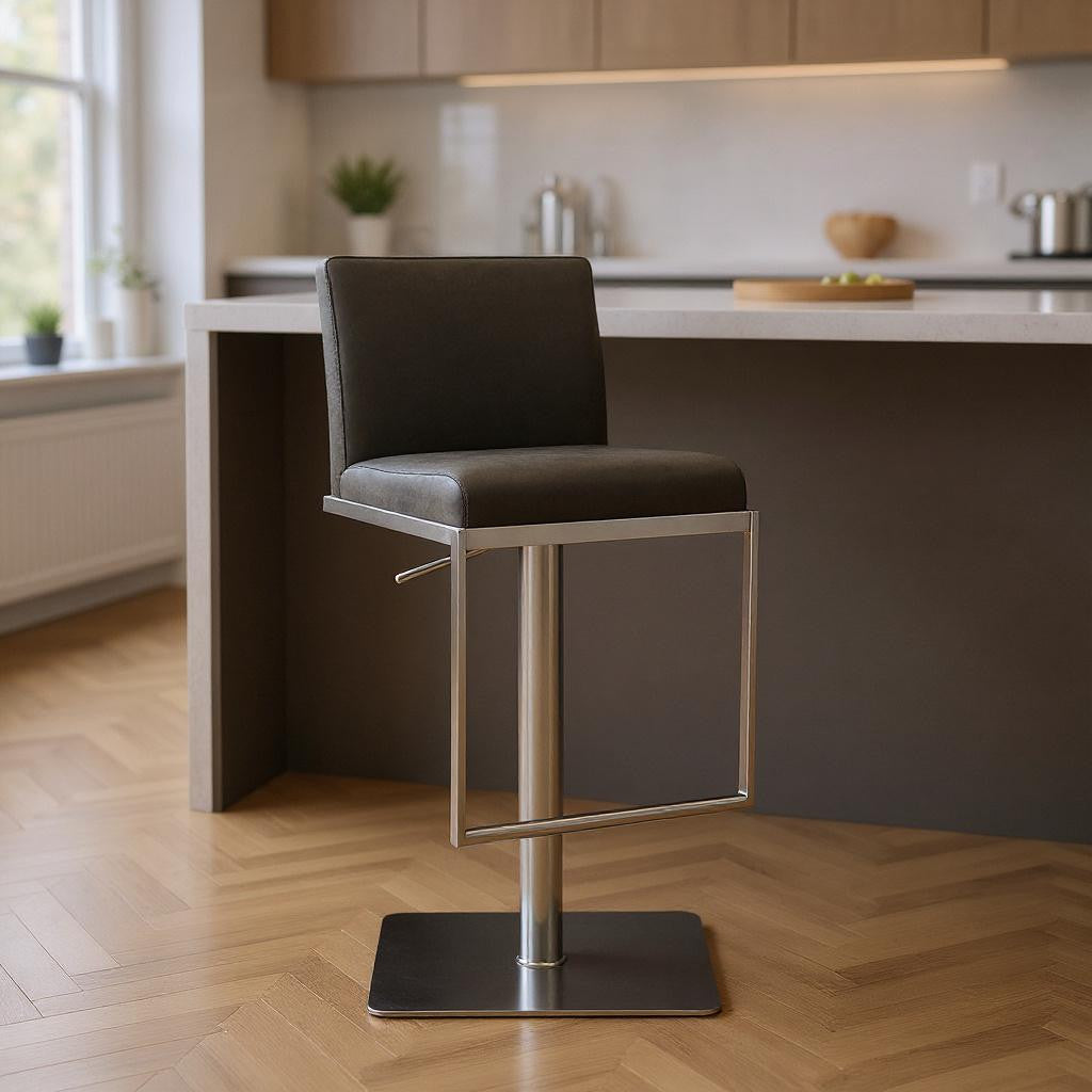 Dark Gray and Silver Faux Leather And Steel Adjustable Bar Chair-Bar Chairs-DECOROLALA