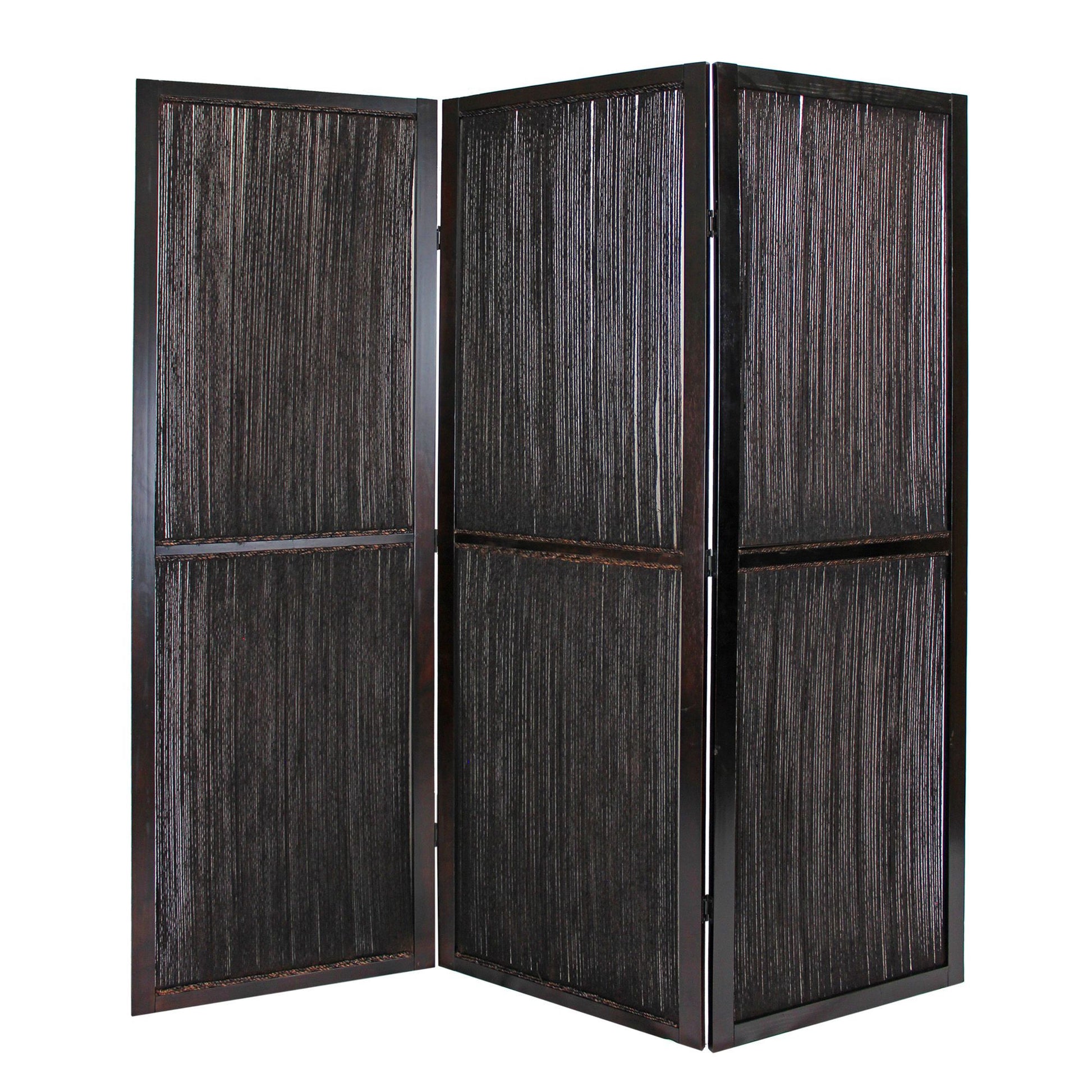 Dark Wood And Water Hyacinth 3 Panel Room Divider Screen-Room Dividers-DECOROLALA