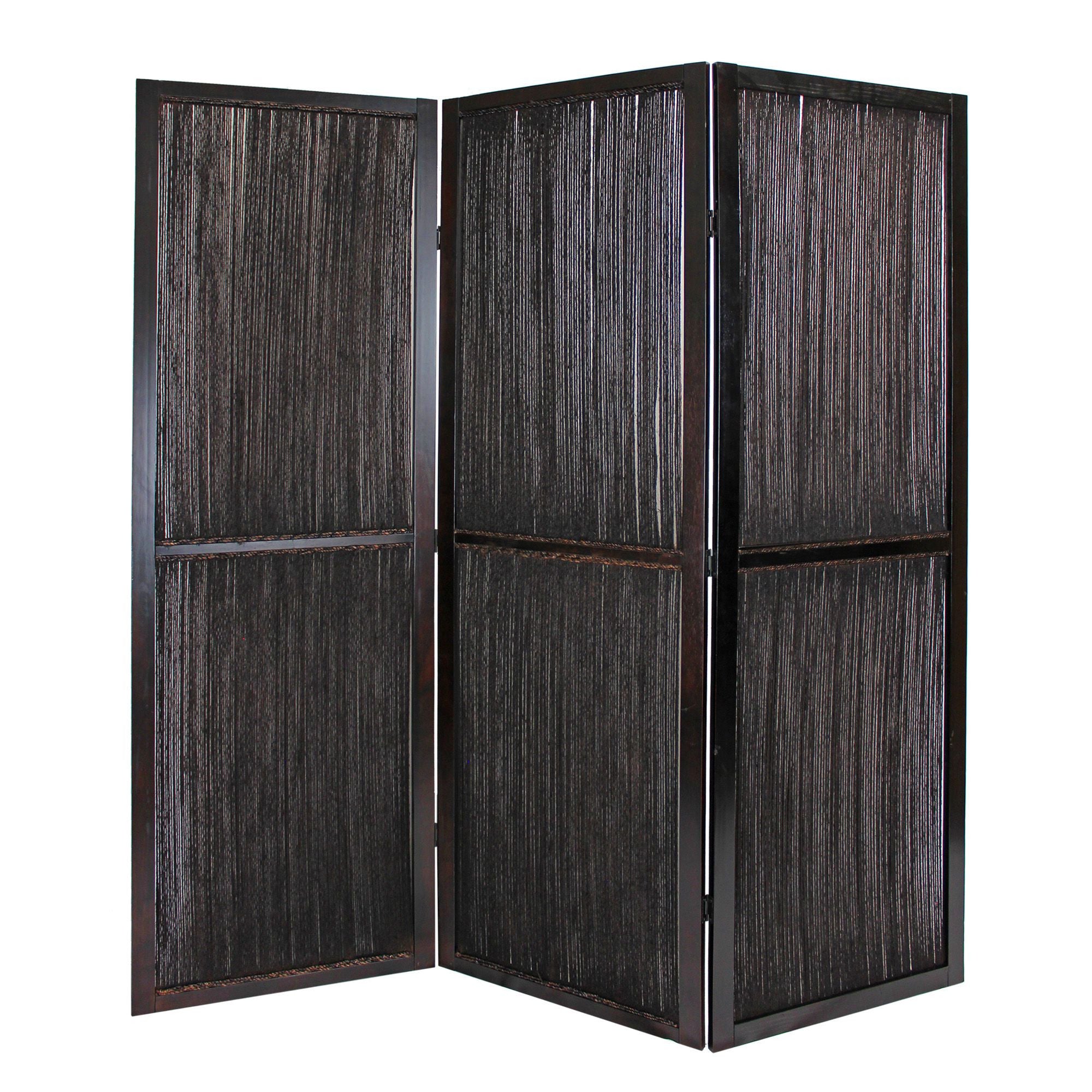 Dark Wood And Water Hyacinth 3 Panel Room Divider Screen-Room Dividers-DECOROLALA