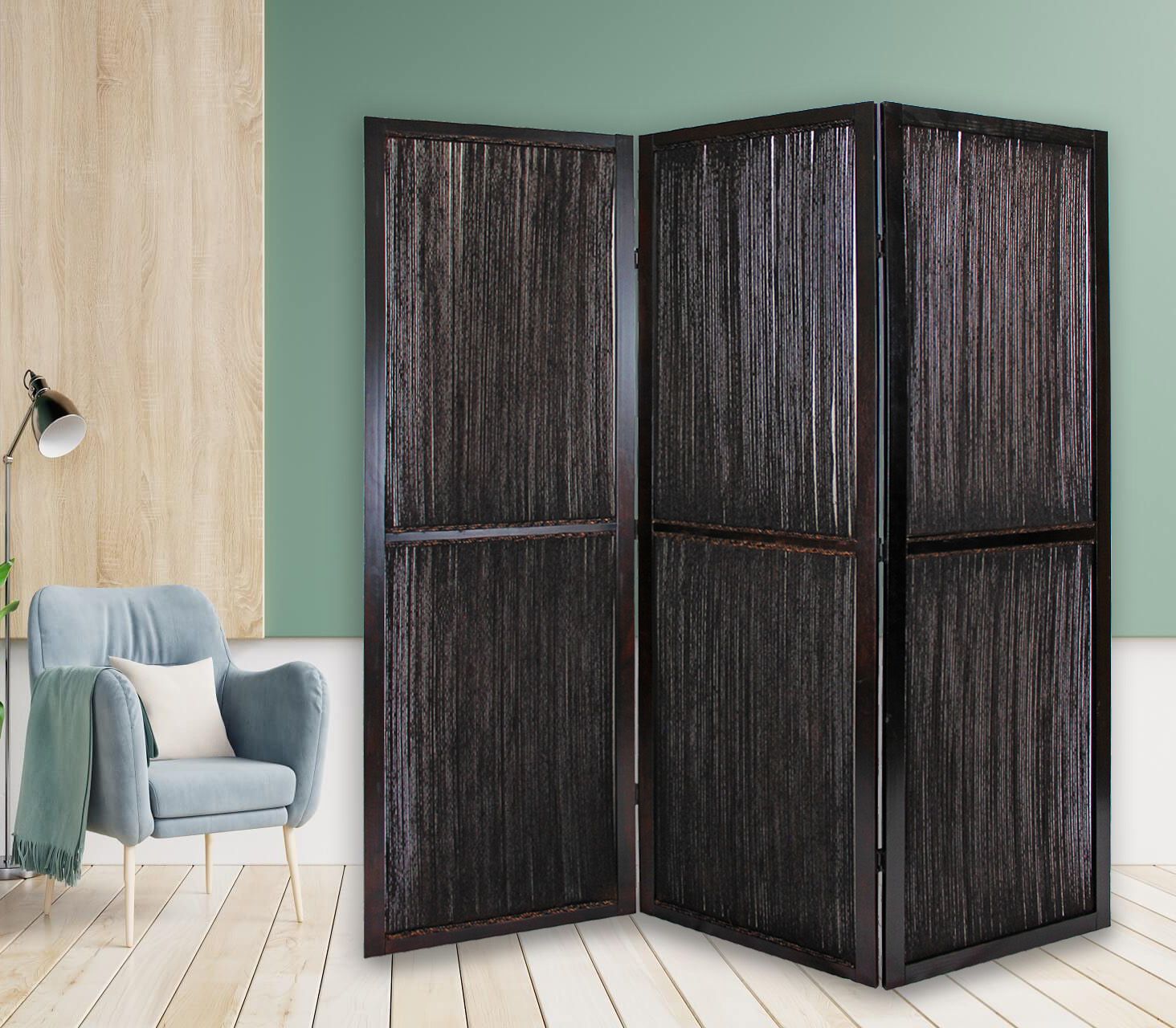 Dark Wood And Water Hyacinth 3 Panel Room Divider Screen-Room Dividers-DECOROLALA