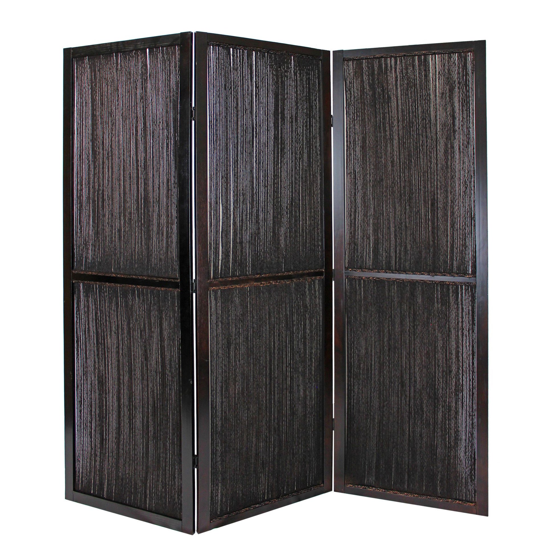 Dark Wood And Water Hyacinth 3 Panel Room Divider Screen-Room Dividers-DECOROLALA