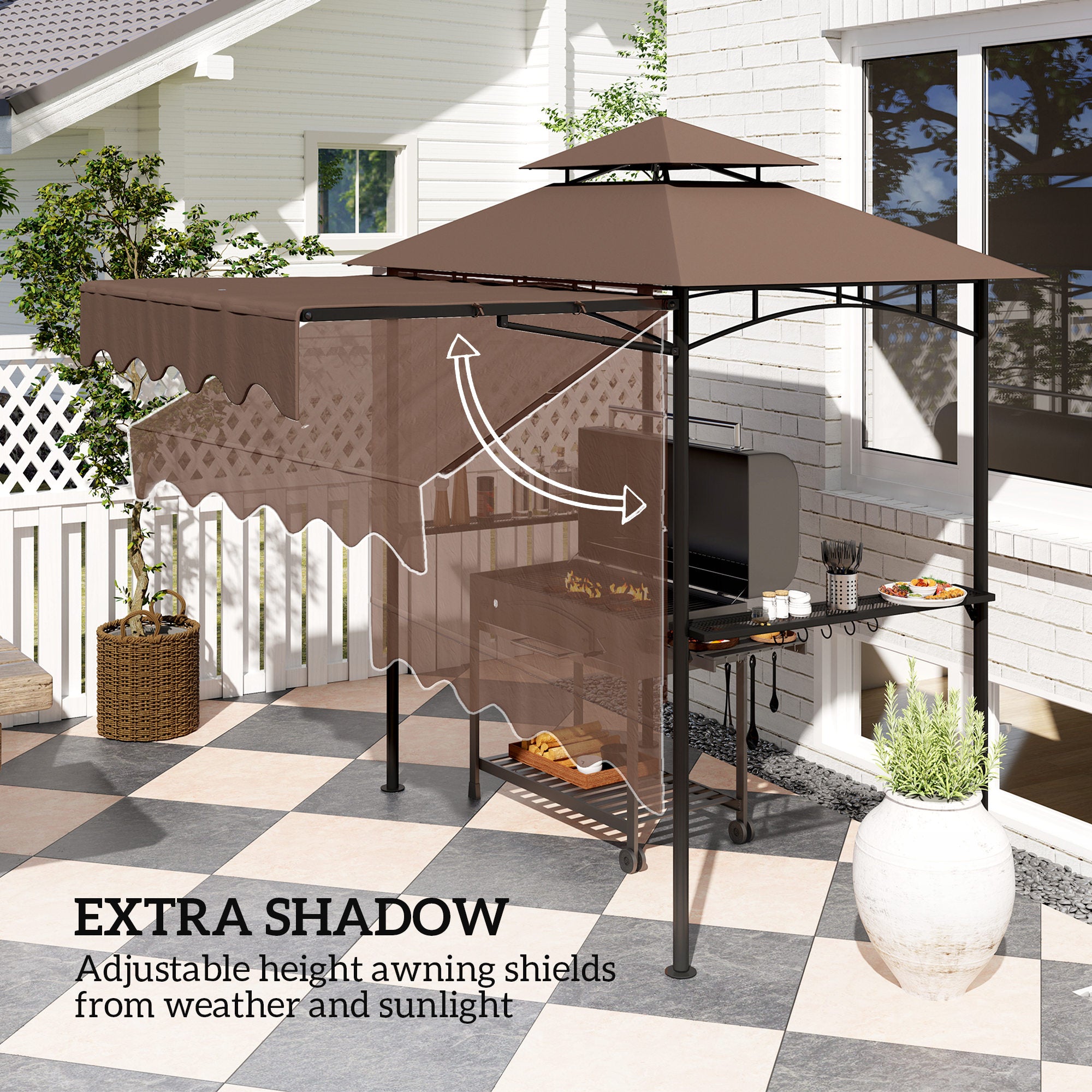 8' x 7.6' Grill Gazebo with Awning and Shelves - Brown